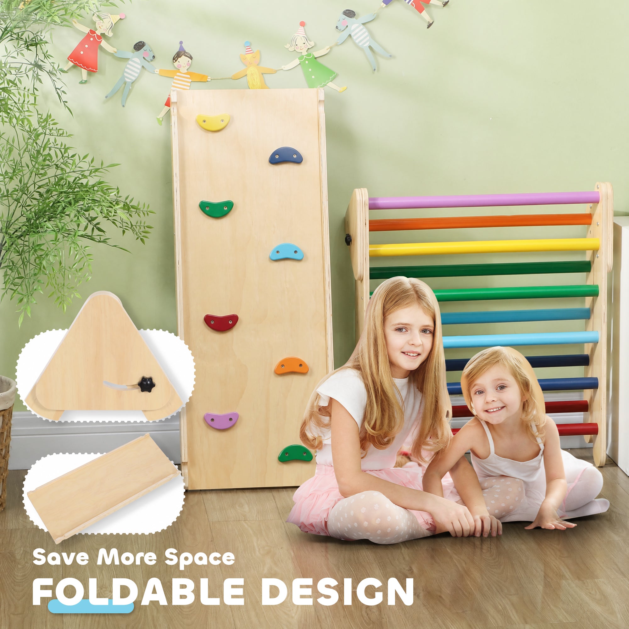 AIYAPLAY Toddler Climbing Frame for Kids with Ramp, 3 in 1 Wooden Pikler Triangle Set for 18-48 Months, Multicolour