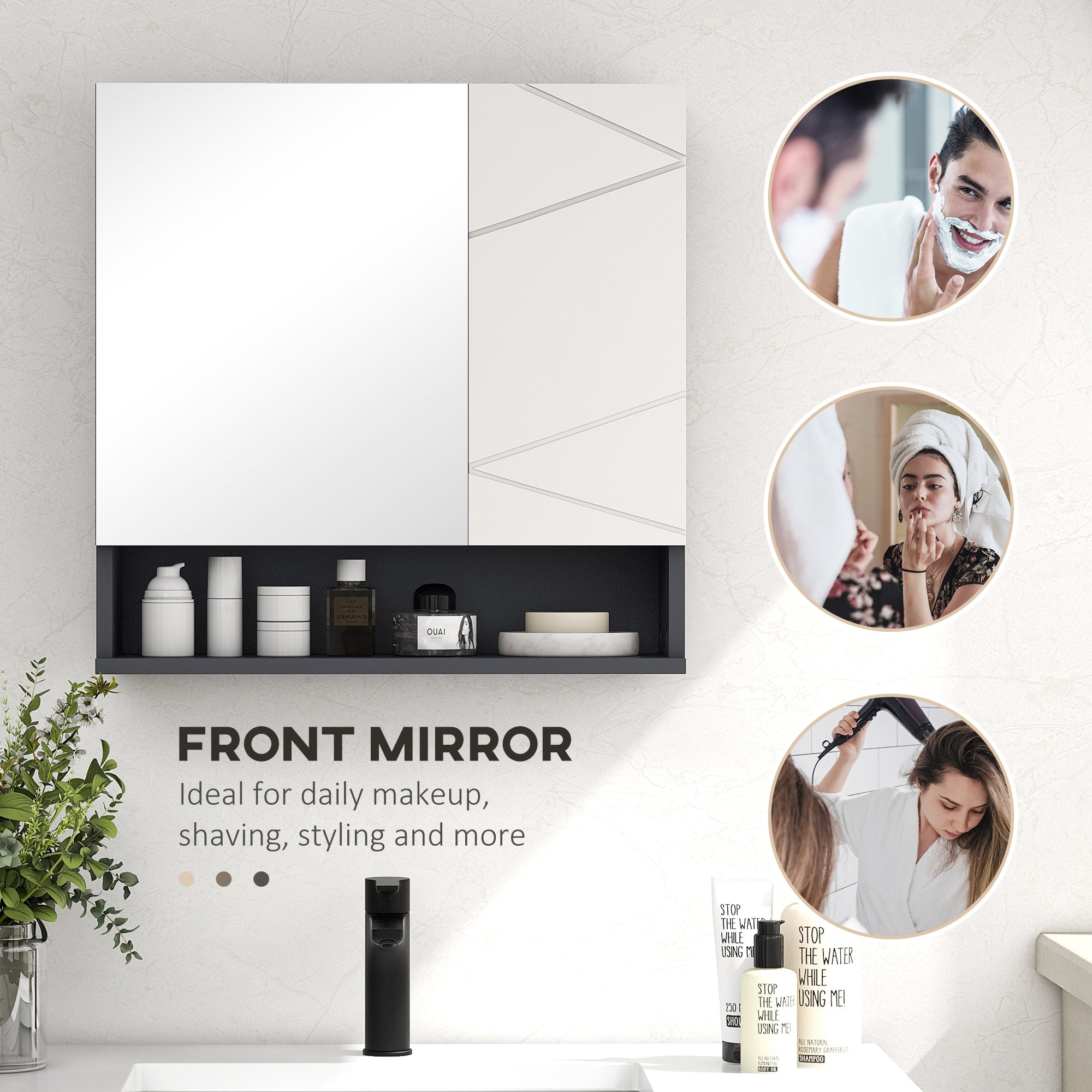kleankin Bathroom Mirror Cabinet, Wall Mounted Bathroom Storage Cupboard with Adjustable Shelves, 55W x 17D x 55Hcm, Light Grey - North Peak Garden Furniture