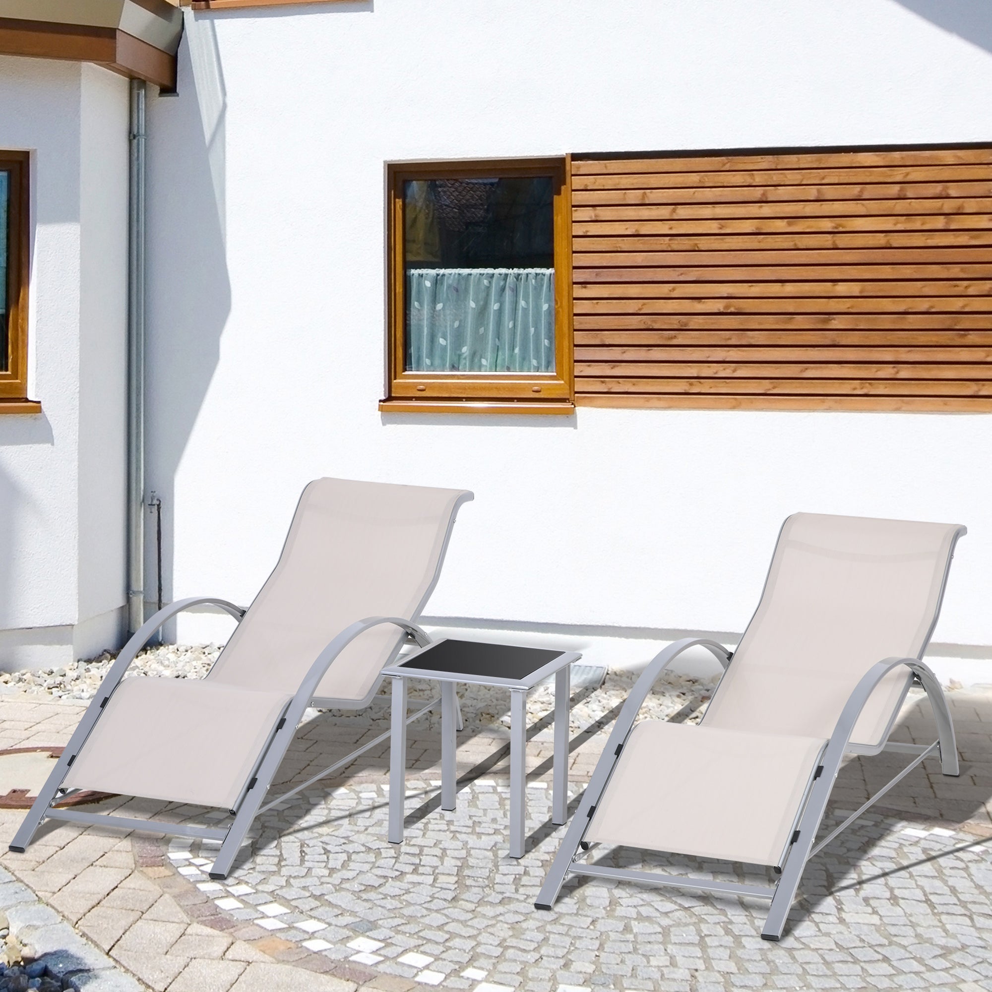 Outsunny 3 Pieces Lounge Chair Set Metal Frame Garden Outdoor Recliner Sunbathing Chair with Table, Cream - North Peak Garden Furniture