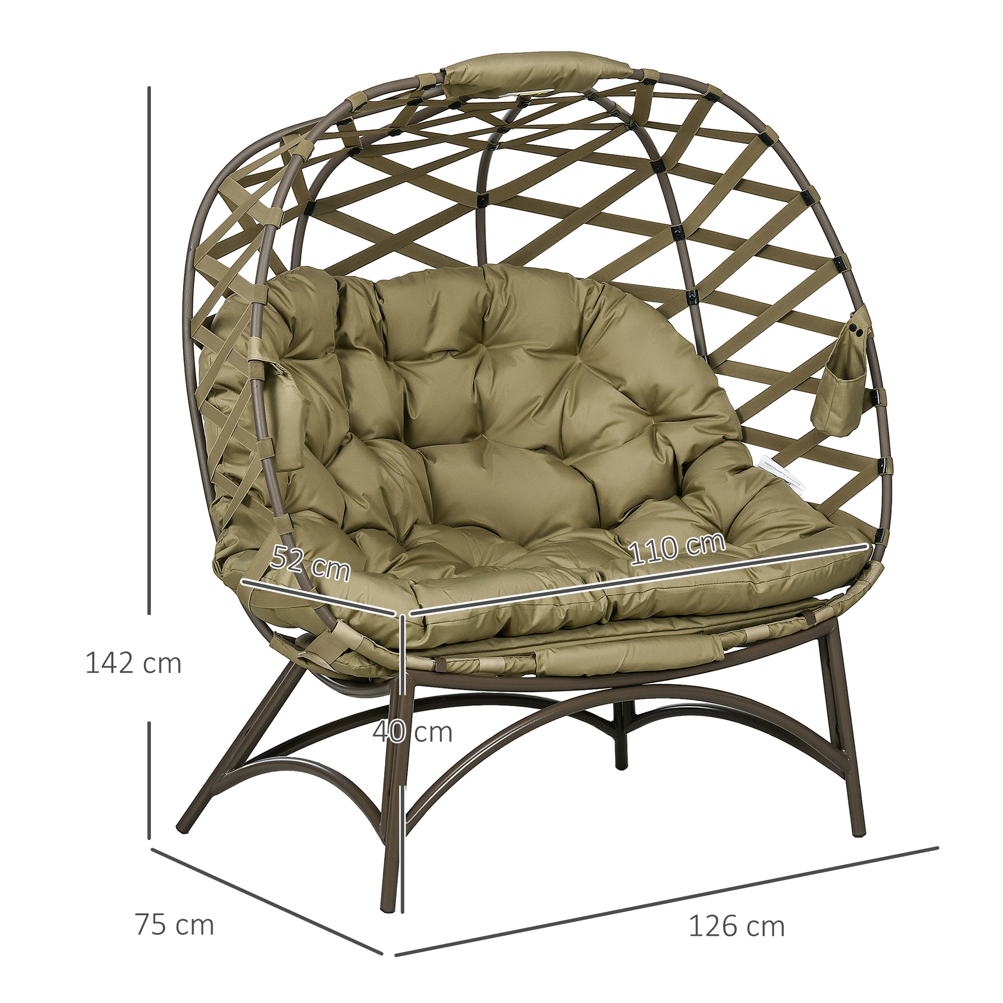 Outsunny 2 Seater Egg Chair Outdoor, Folding Weave Garden Furniture Chair with Cushion, Cup Pockets - Khaki - North Peak Garden Furniture