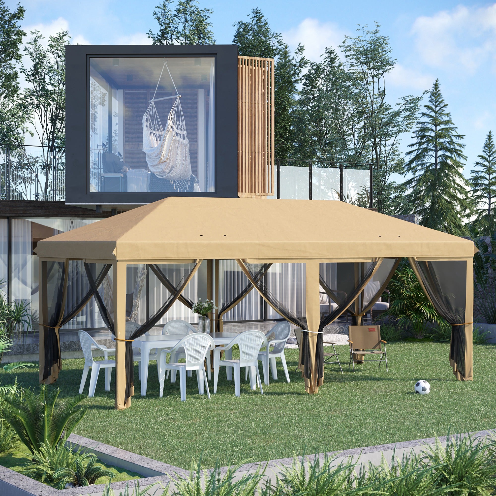 Outsunny 3 x 6m Pop Up Gazebo, Outdoor Canopy Shelter, Marquee Party Wedding Tent with 6 Mesh Walls and Carry Bag, Beige - North Peak Garden Furniture