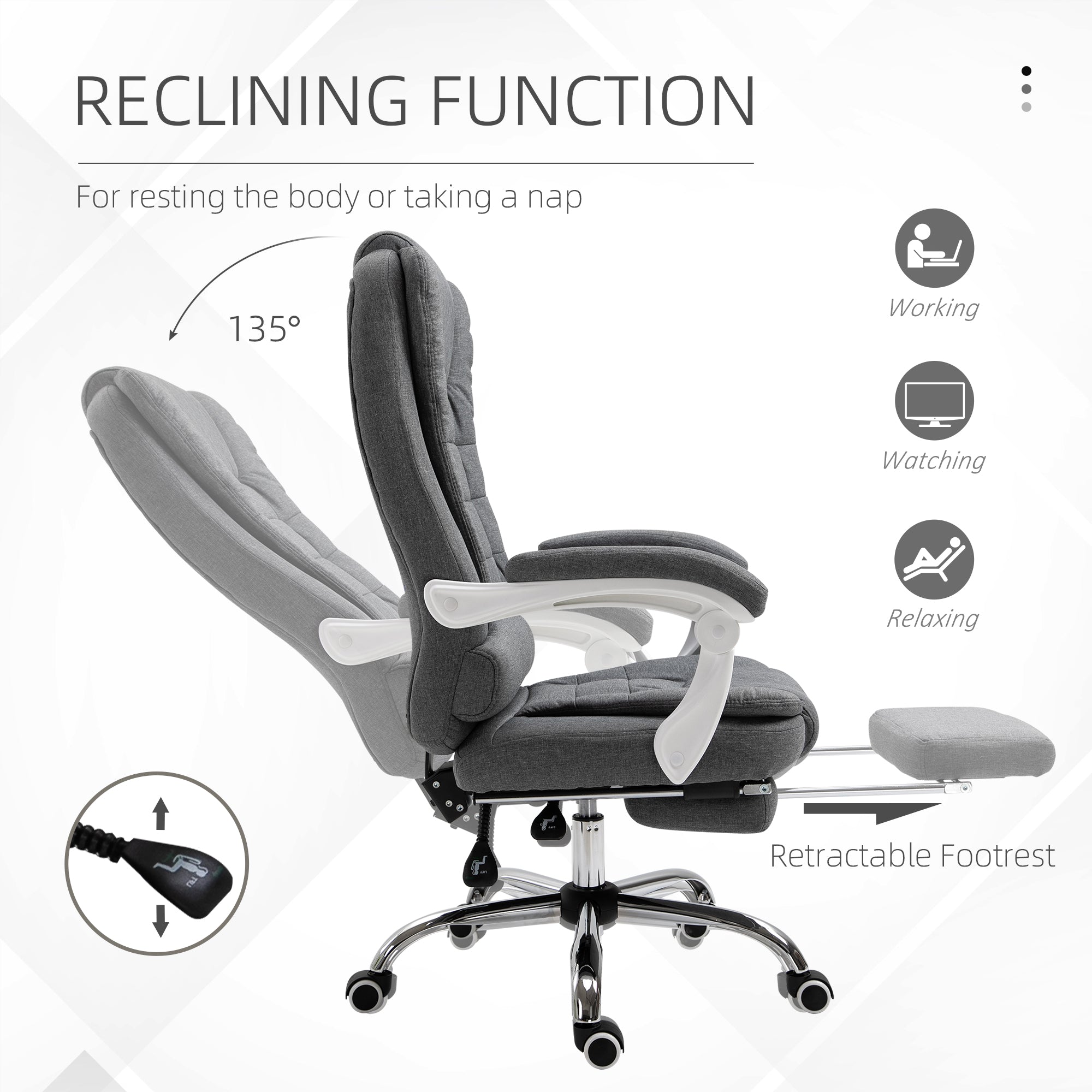 Vinsetto Office Chair, Computer Desk Chair, Linen Fabric Swivel Rolling Task Chair with Large Soft Padded Cushion, 135° Reclining Backrest and Retractable Footrest, Grey