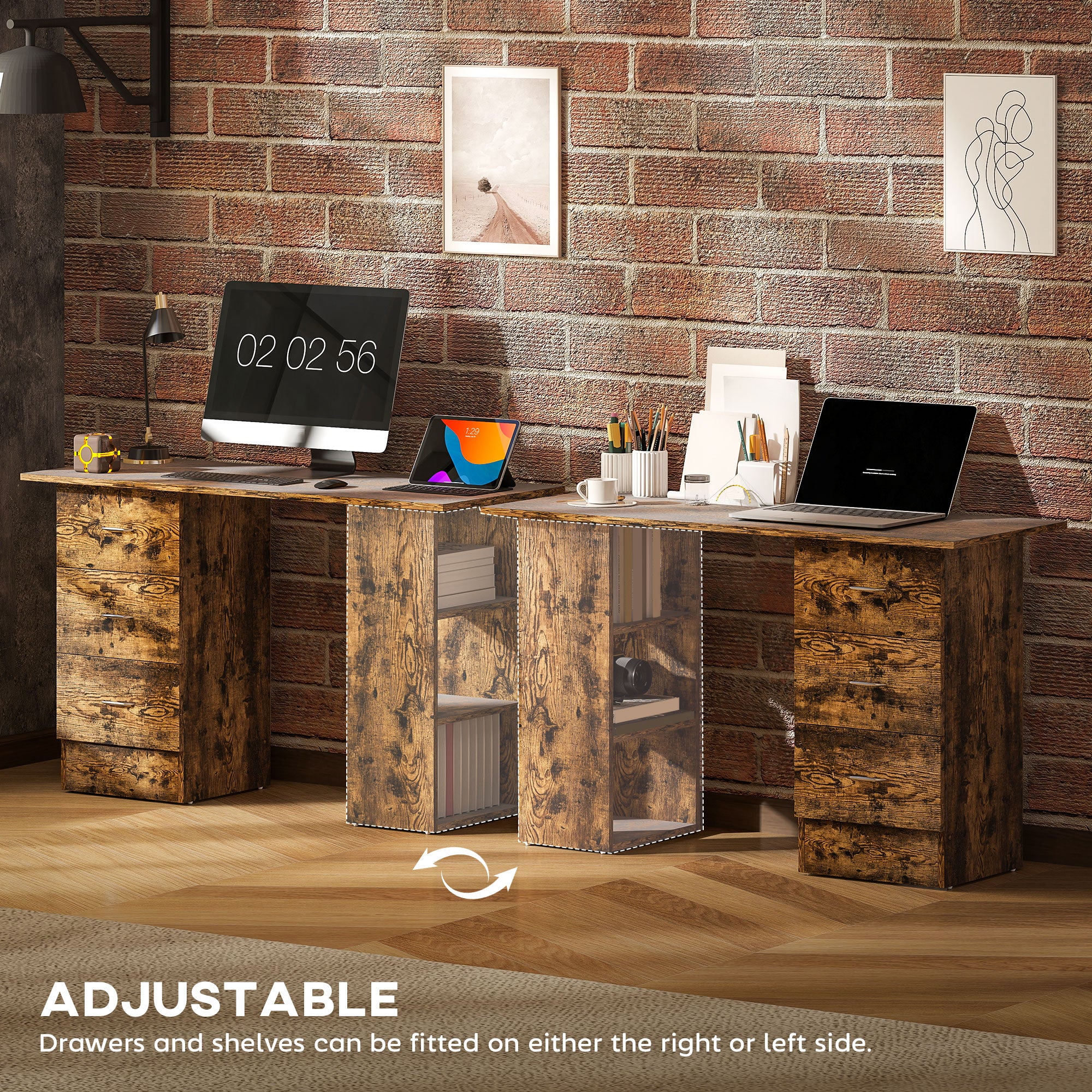 HOMCOM Computer Desk, Writing Table, PC Workstation with 3 Storage Shelves and Drawers, Silver Handle, for Home Office, Rustic Brown