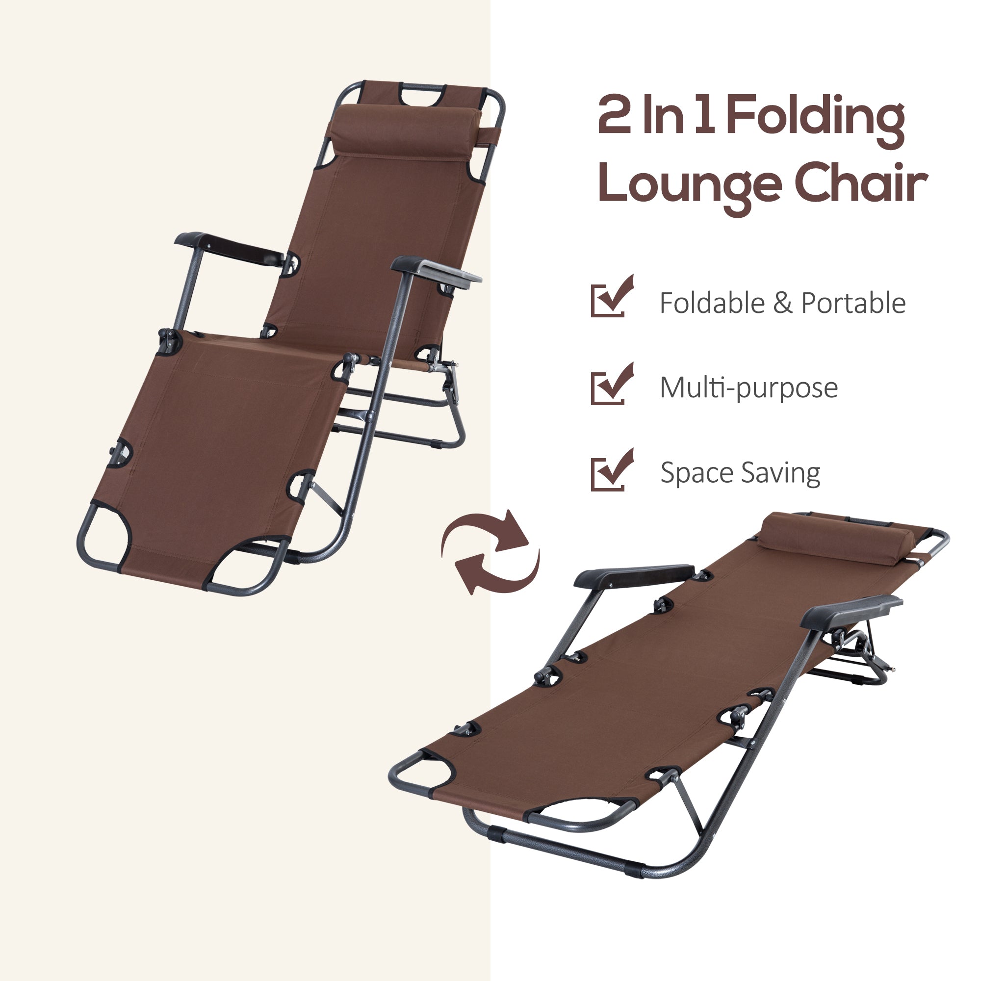 Outsunny 2 Pieces 2 in 1 Sun Lounger Folding Reclining Chair Garden Outdoor Camping Adjustable Back with Pillow, Brown - North Peak Garden Furniture