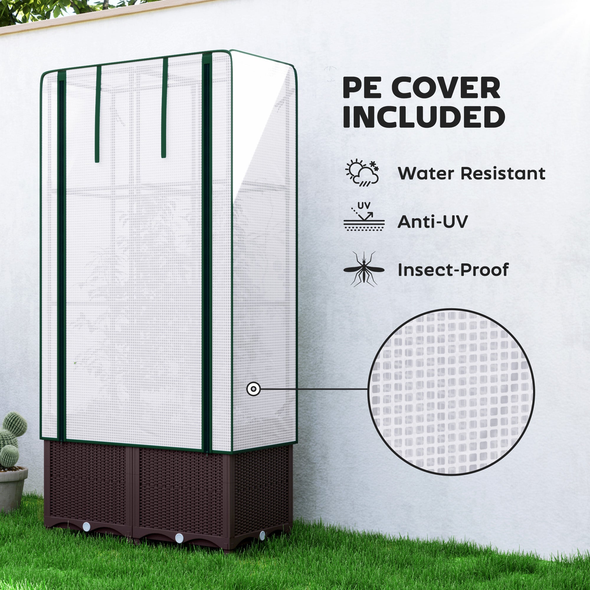 Outsunny Raised Garden Bed with Trellis, Plastic Planter Box with PE Cover, Drainage Holes and Drain Plugs for Climbing Plants, Vegetables, Flowers, 80 x 40 x 140 cm - North Peak Garden Furniture