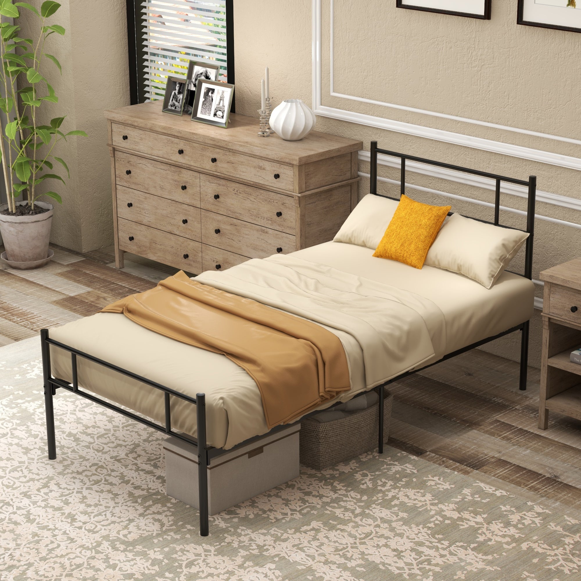 HOMCOM Single Metal Bed Frame Solid Bedstead Base with Headboard and Footboard, Metal Slat Support and Underbed Storage Space, Bedroom Furniture, Black - North Peak Garden Furniture