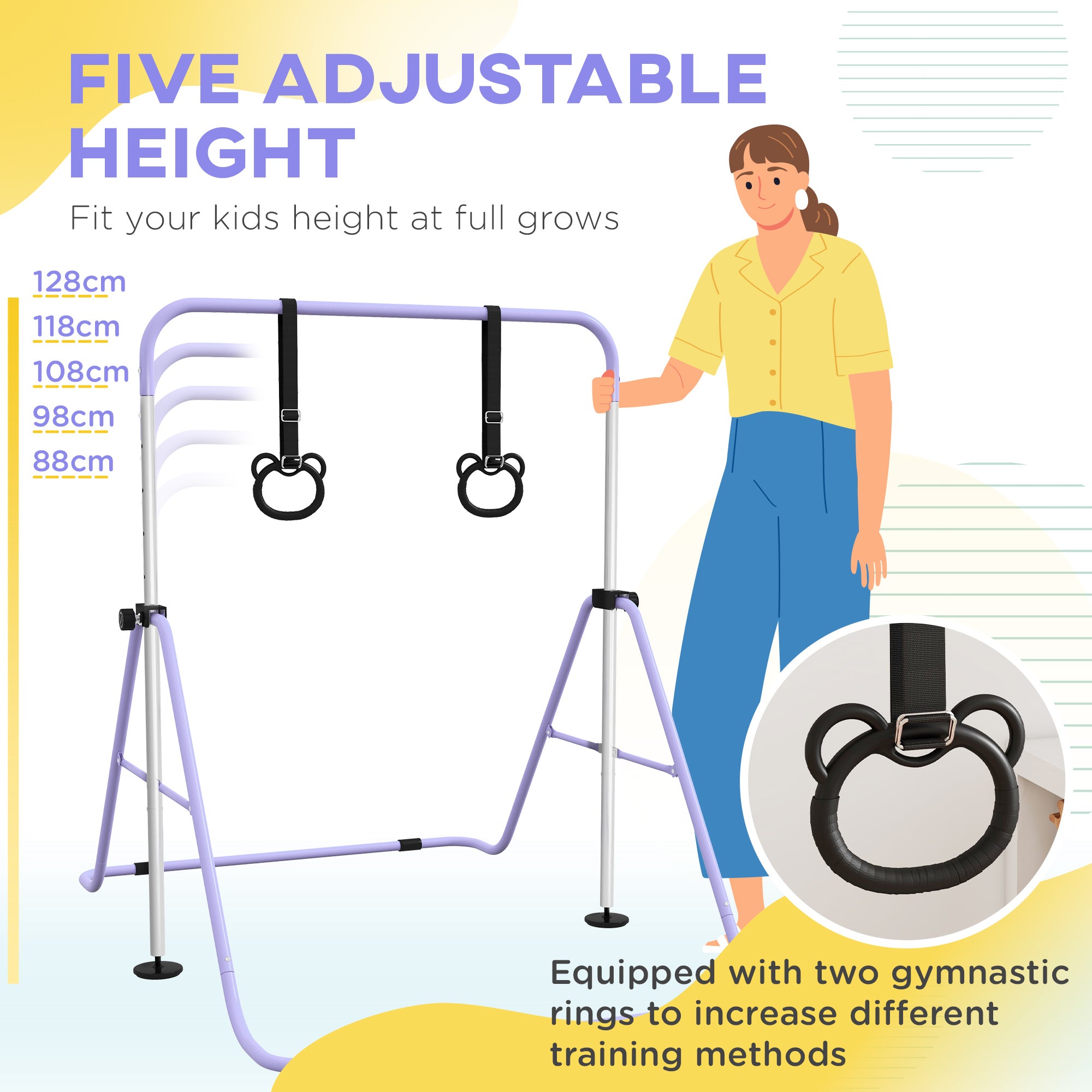 HOMCOM Adjustable Height, Foldable Kids Gymnastics Bar w/ Non-Slip Mats, for 3+ Years, Purple - North Peak Garden Furniture