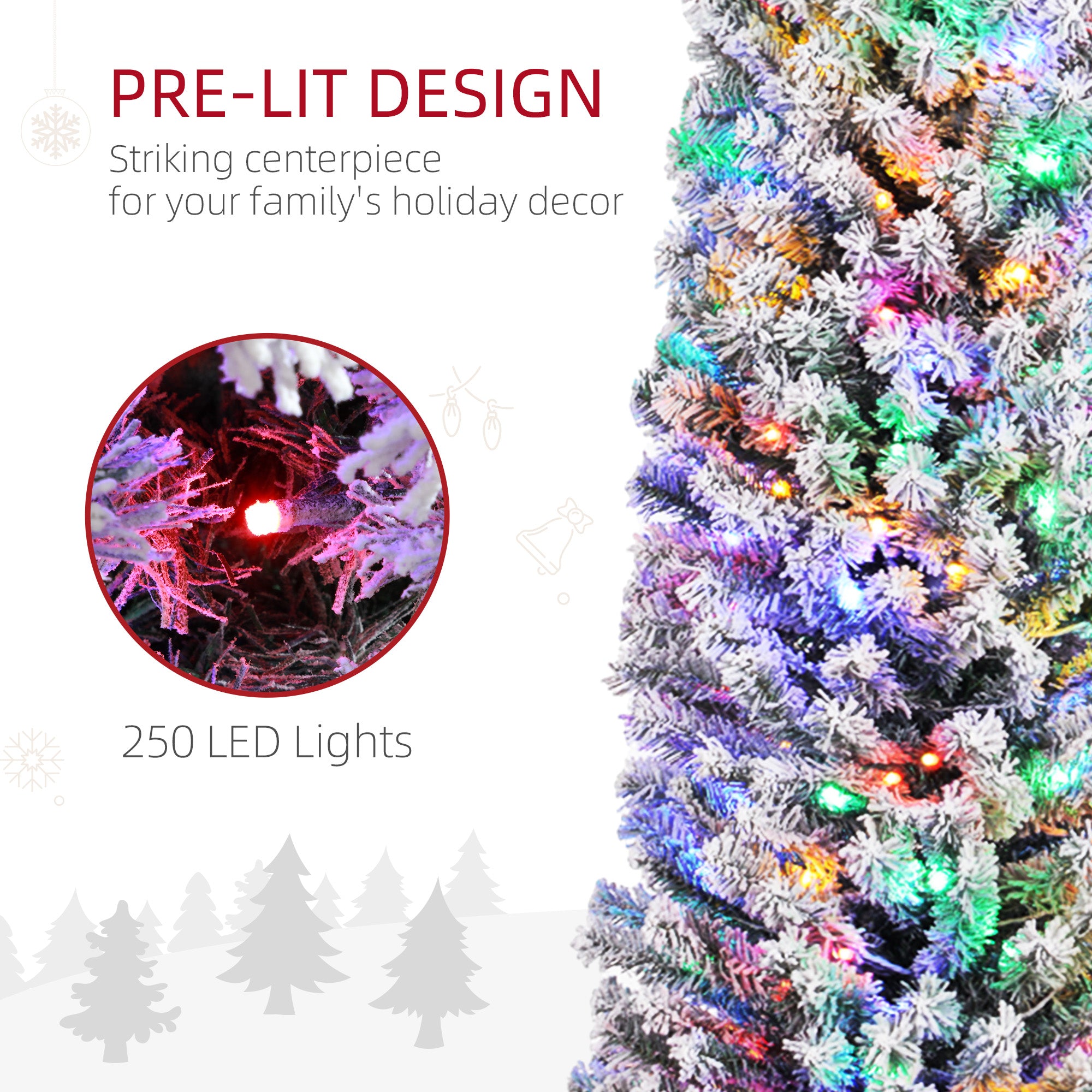 HOMCOM 7' Artificial Prelit Christmas Trees Holiday Décor with Colourful LED Lights, Flocked Tips, Berry, Pine Cone