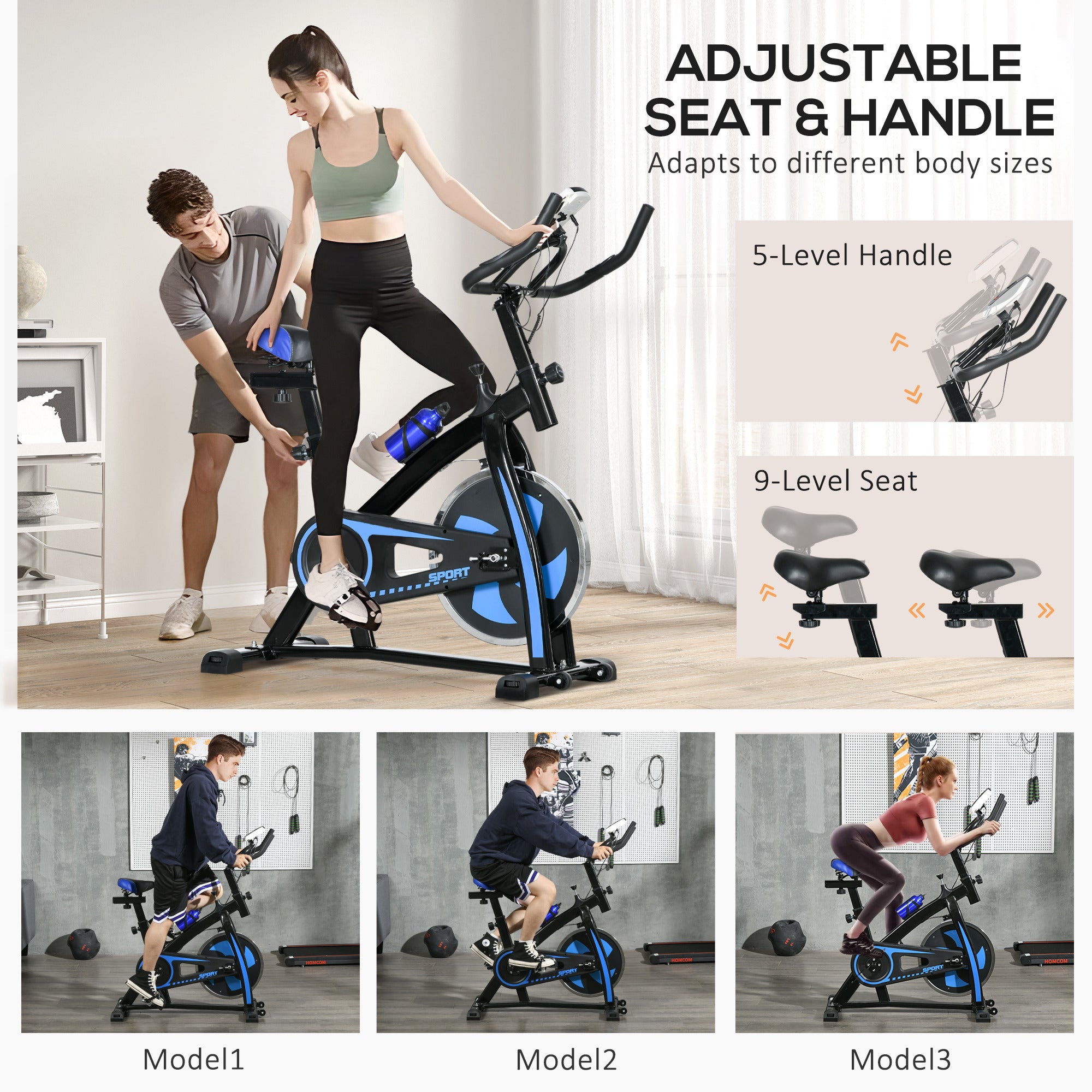 SPORTNOW Exercise Bike, Indoor Stationary Bike, Cycling Machine with Adjustable Seat and Resistance for Home Gym Workout, Blue - North Peak Garden Furniture