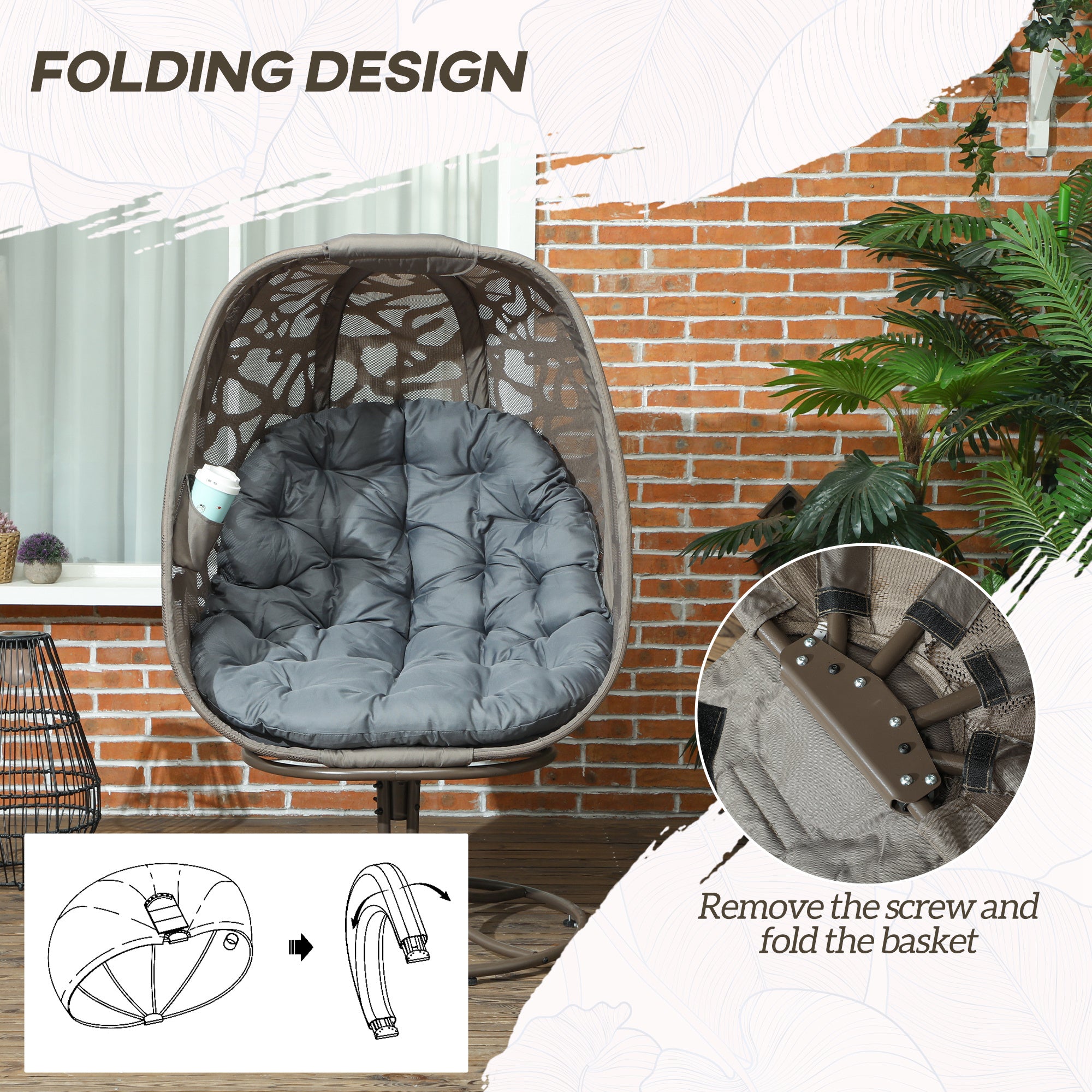 Outsunny Swivel Egg Chair with Cushions, Foldable Basket Seat and Metal Frame, Indoor Outdoor Lounge Chair for Balcony, Patio and Living Room, Grey - North Peak Garden Furniture
