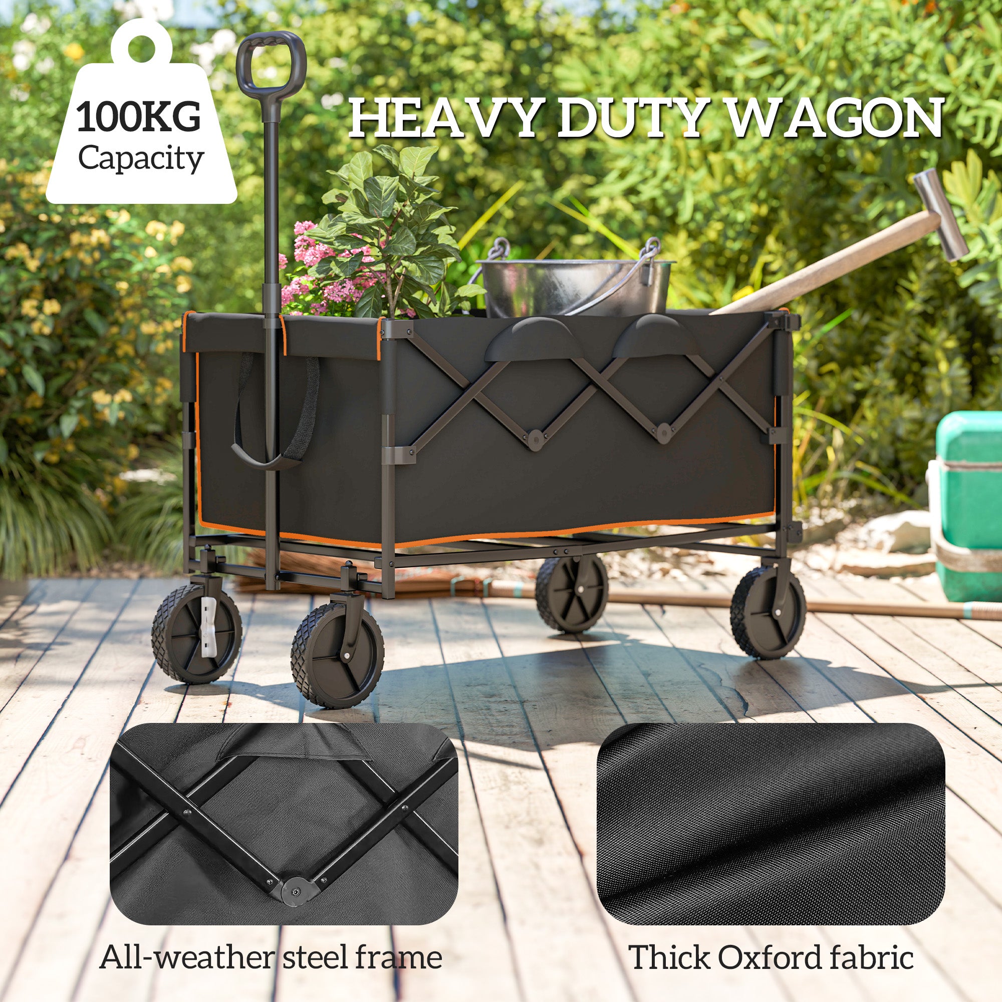Outsunny 160L Festival Trolley on Wheels, Folding Camping Trolley Cart w/ Tailgate, 100kg Heavy Duty Garden Collapsible Folding Wagon w/Adjustable Handle, Carry Bag for Beach Picnic, Black and Orange - North Peak Garden Furniture