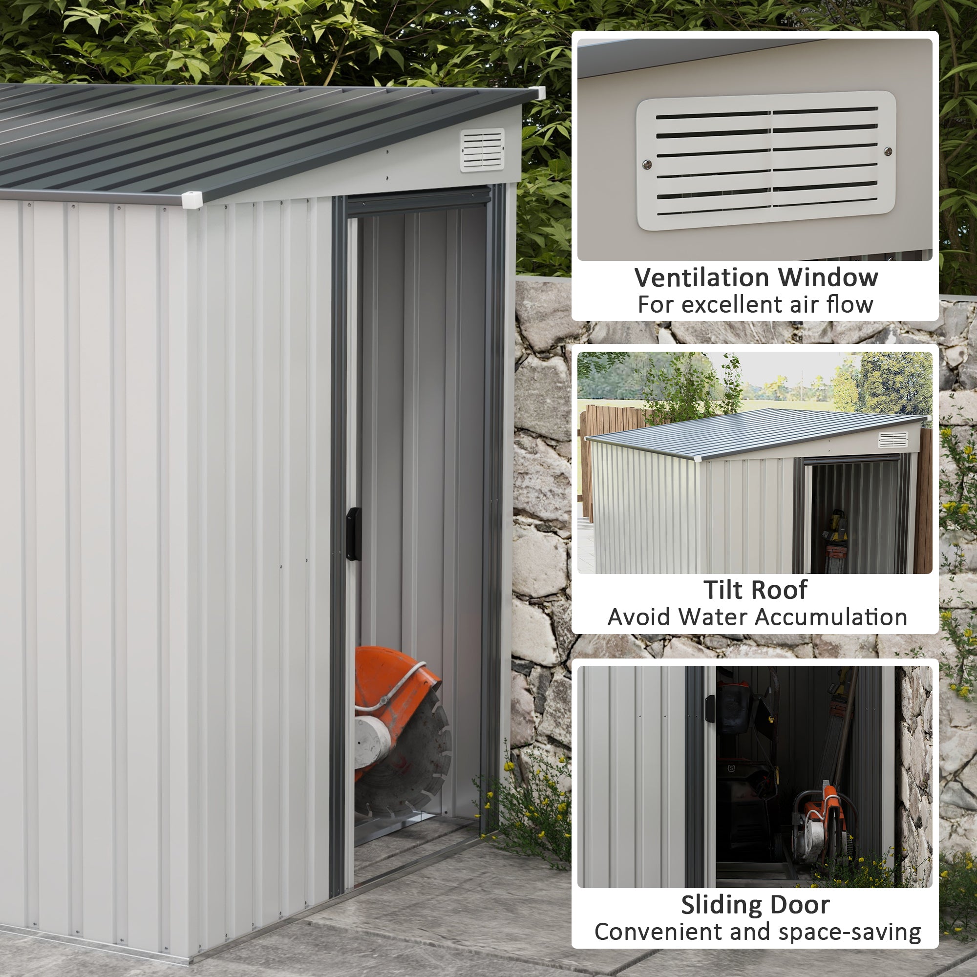 Outsunny 7 x 5ft Galvanised Metal Shed, with Sliding Door, White - North Peak Garden Furniture