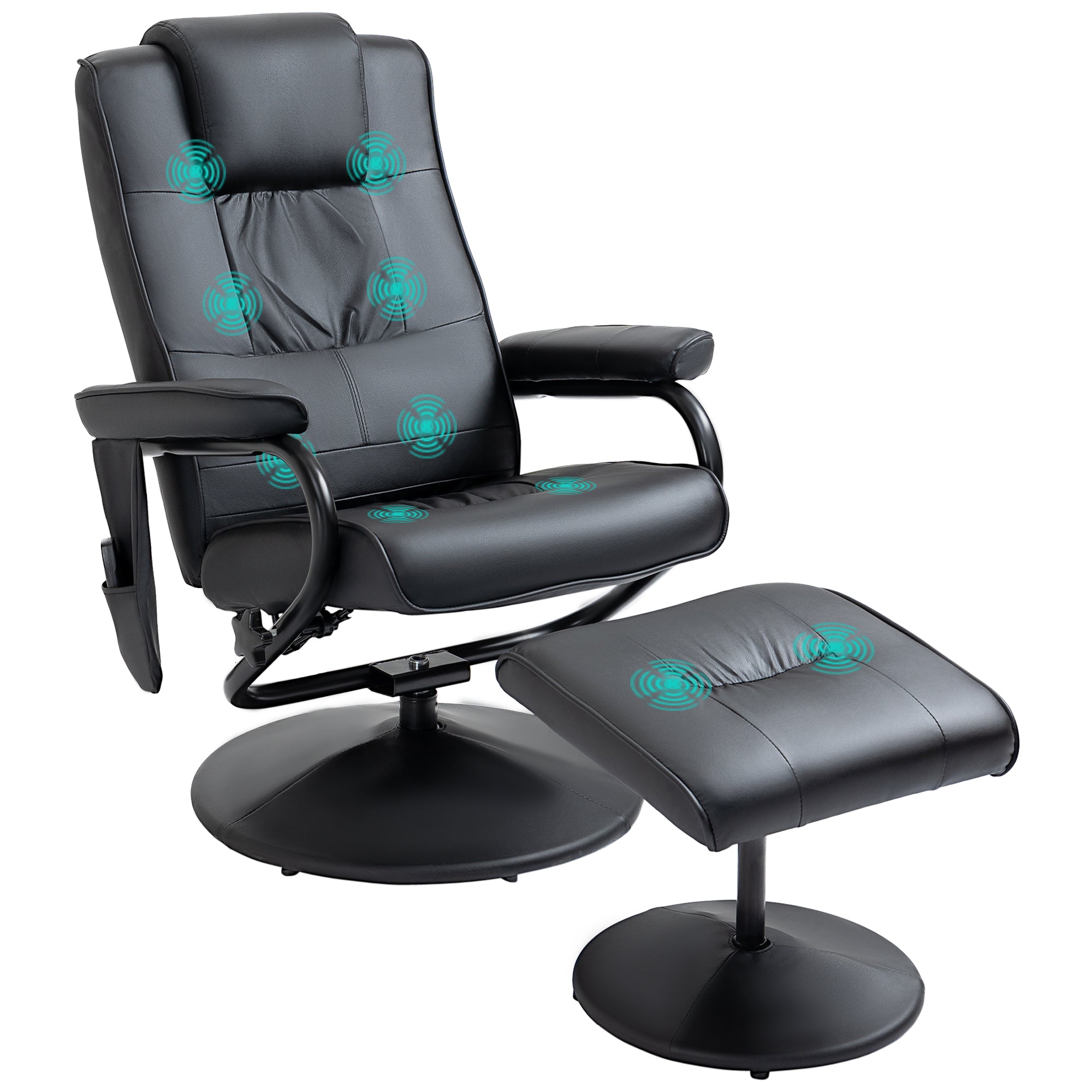HOMCOM Swivel Recliner Chair and Footstool, Faux Leather Massage Recliner Armchair with Remote Control and Round Wrapped Base, Black - North Peak Garden Furniture