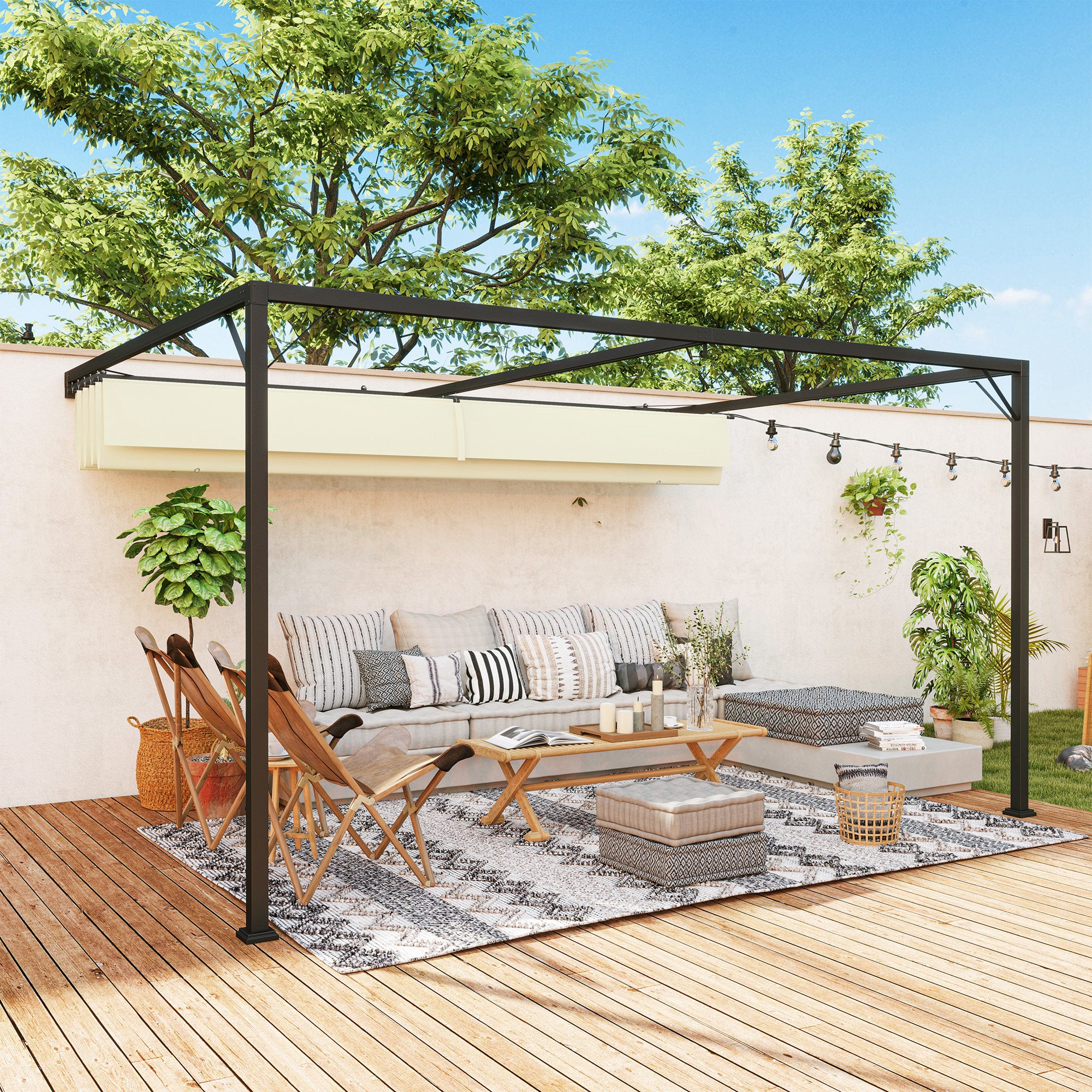 Outsunny 4 x 3(m) Outdoor Pergola Retractable Canopy Wall Mounted Gazebo Patio Shelter Sun Shade, Cream White - North Peak Garden Furniture