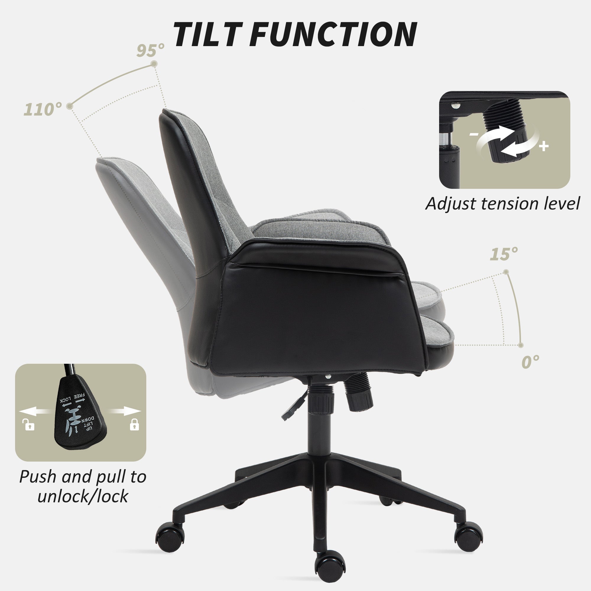 HOMCOM Home Office Chair, Upholstered Linen Desk Chair with Adjustable Height and Tilt Function, Swivel Chair for Home Office and Study Room, Grey - North Peak Garden Furniture