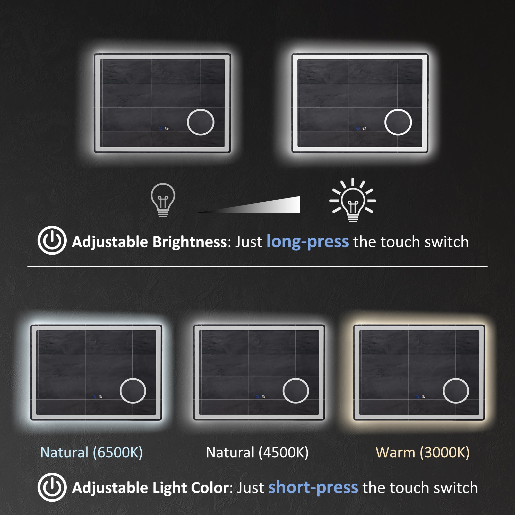 kleankin LED Bathroom Mirror with Lights, 3X Magnifying Mirror, Dimming Lighted Bathroom Mirror, Vanity Mirror with 3 Colour Front and Backlit, Smart Touch, Anti-Fog, Horizontal and Vertical, 80x60cm - North Peak Garden Furniture