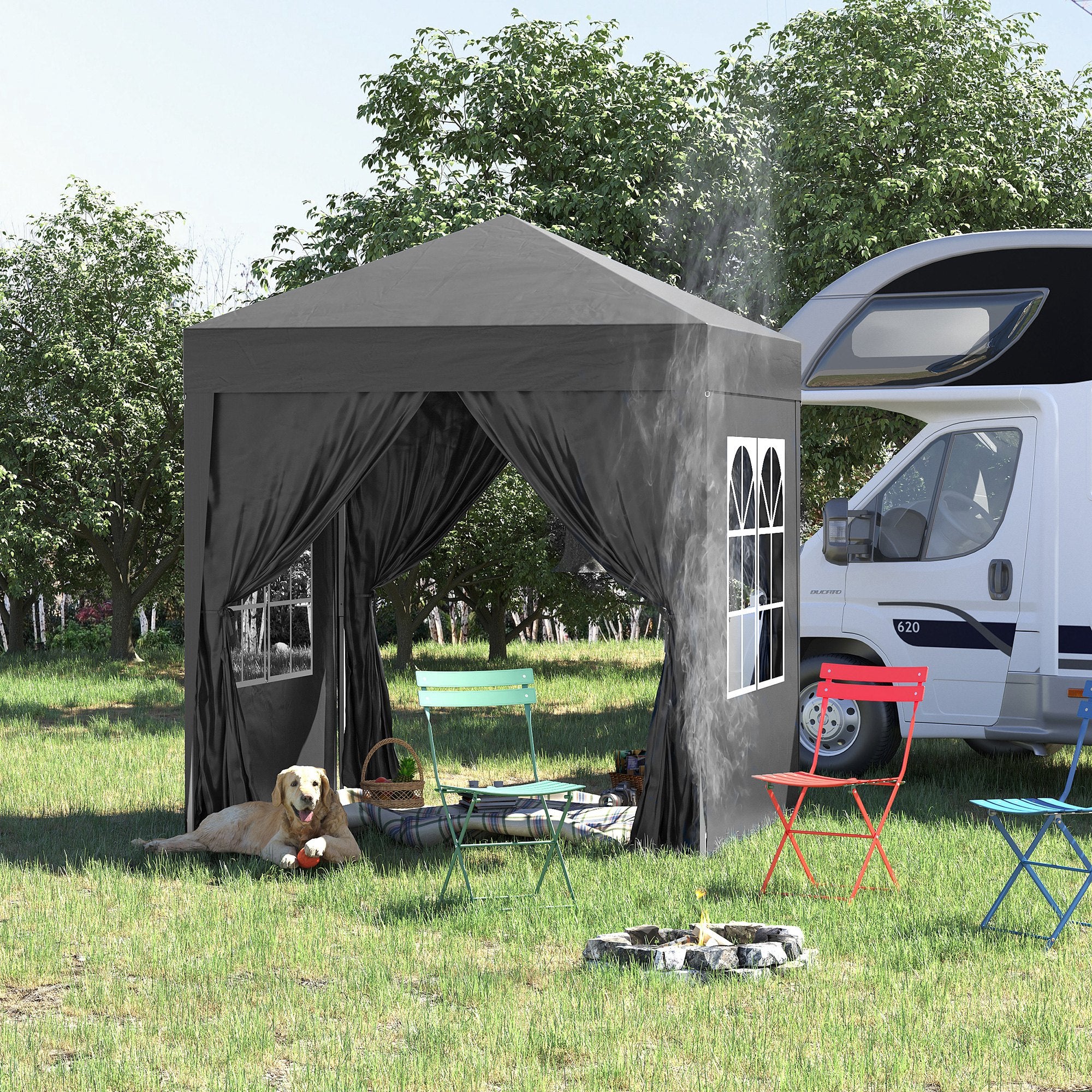 Outsunny 2 x 2 m Garden Pop Up Gazebo, Wedding Party Tent Marquee, Water Resistant Awning Canopy with Sidewalls, Windows, Carry Bag, Black - North Peak Garden Furniture