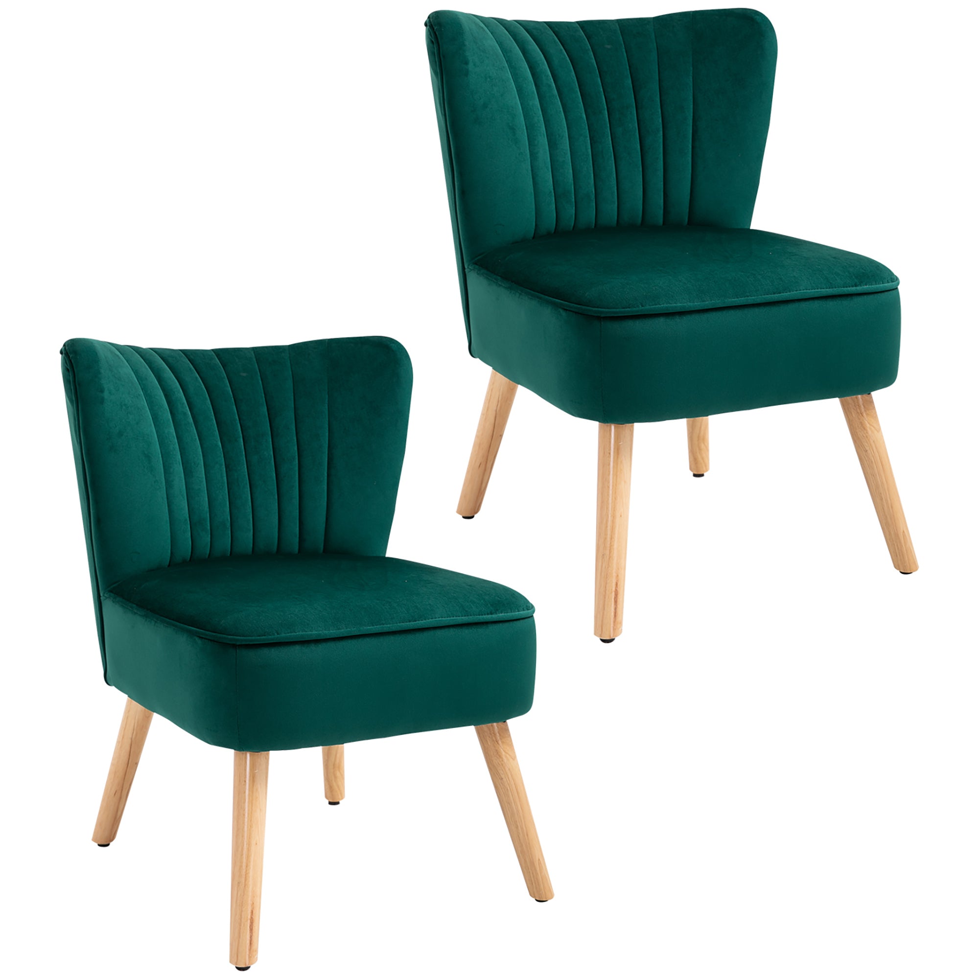 HOMCOM Velvet Accent Chair Occasional Tub Seat Padding Curved Back with Wood Frame Legs Home Furniture Set of 2 Green - North Peak Garden Furniture