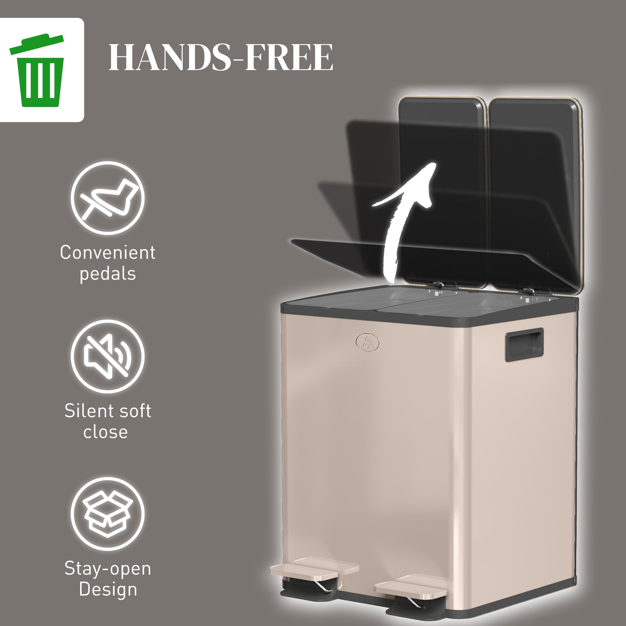 HOMCOM 40L Dual Compartment Stainless Steel Bin, with Deodoriser Holders - Gold Tone - North Peak Garden Furniture