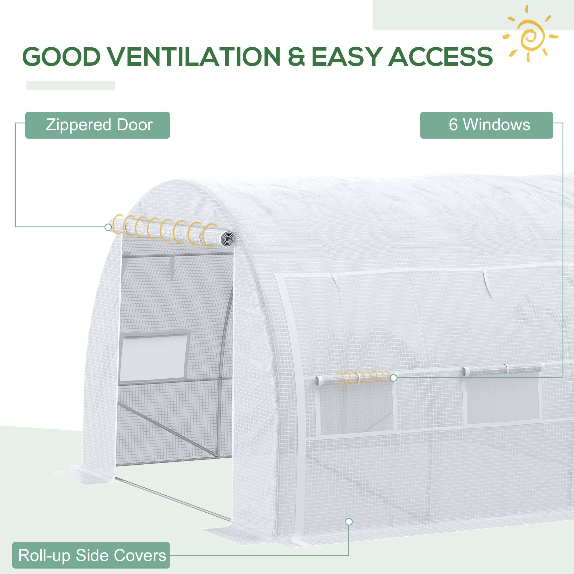 Outsunny 3 x 3 x 2 m Polytunnel Greenhouse with Roll-up Side Walls, Walk-in Grow House Tent with Steel Frame, Reinforced Cover, Zipped Door and 6 Mesh Windows for Garden, White - North Peak Garden Furniture
