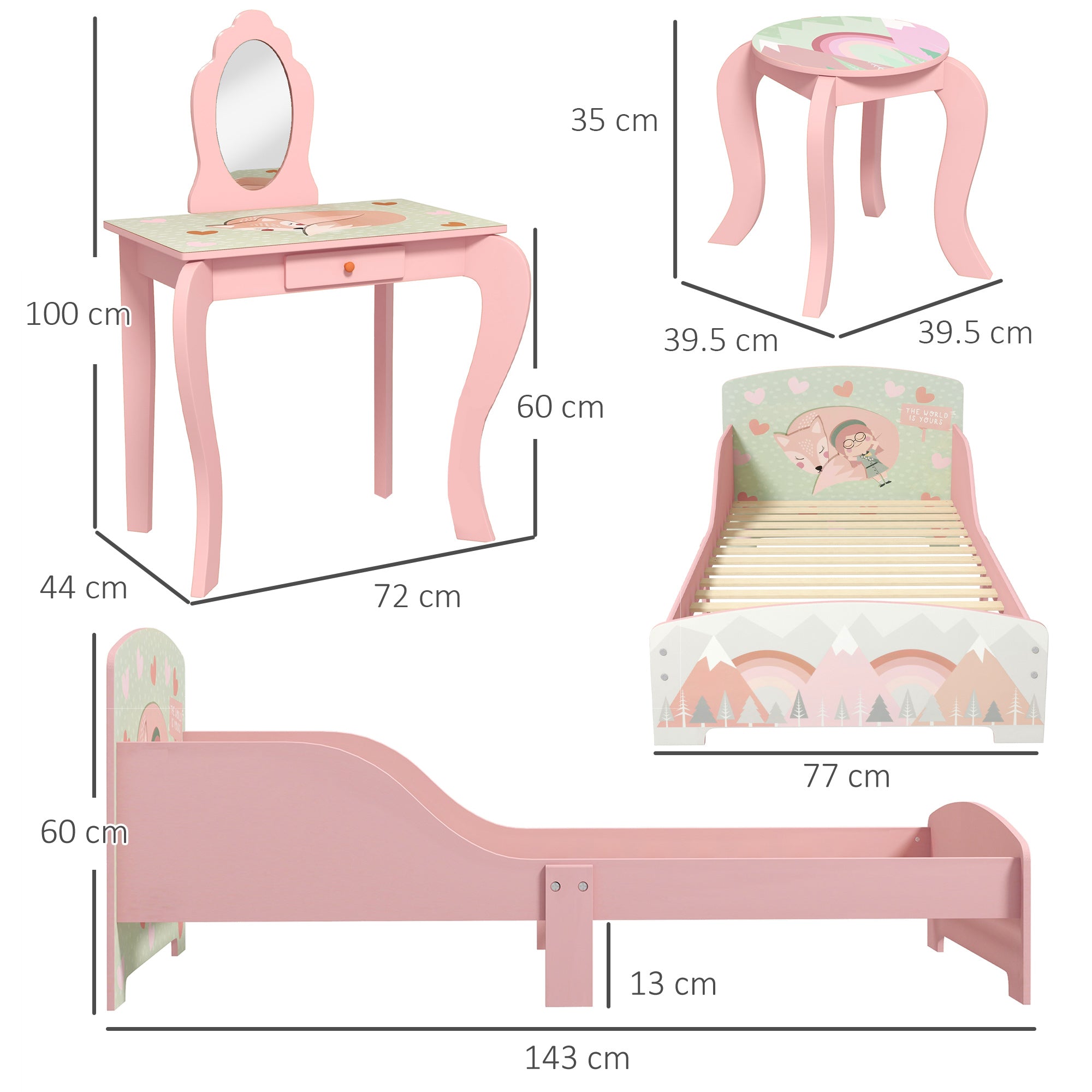 ZONEKIZ Toddler Bed Frame, Kids Dressing Table with Mirror and Stool, Cute Animal Design Kids Bedroom Furniture Set for Ages 3-6 Years, Pink - North Peak Garden Furniture