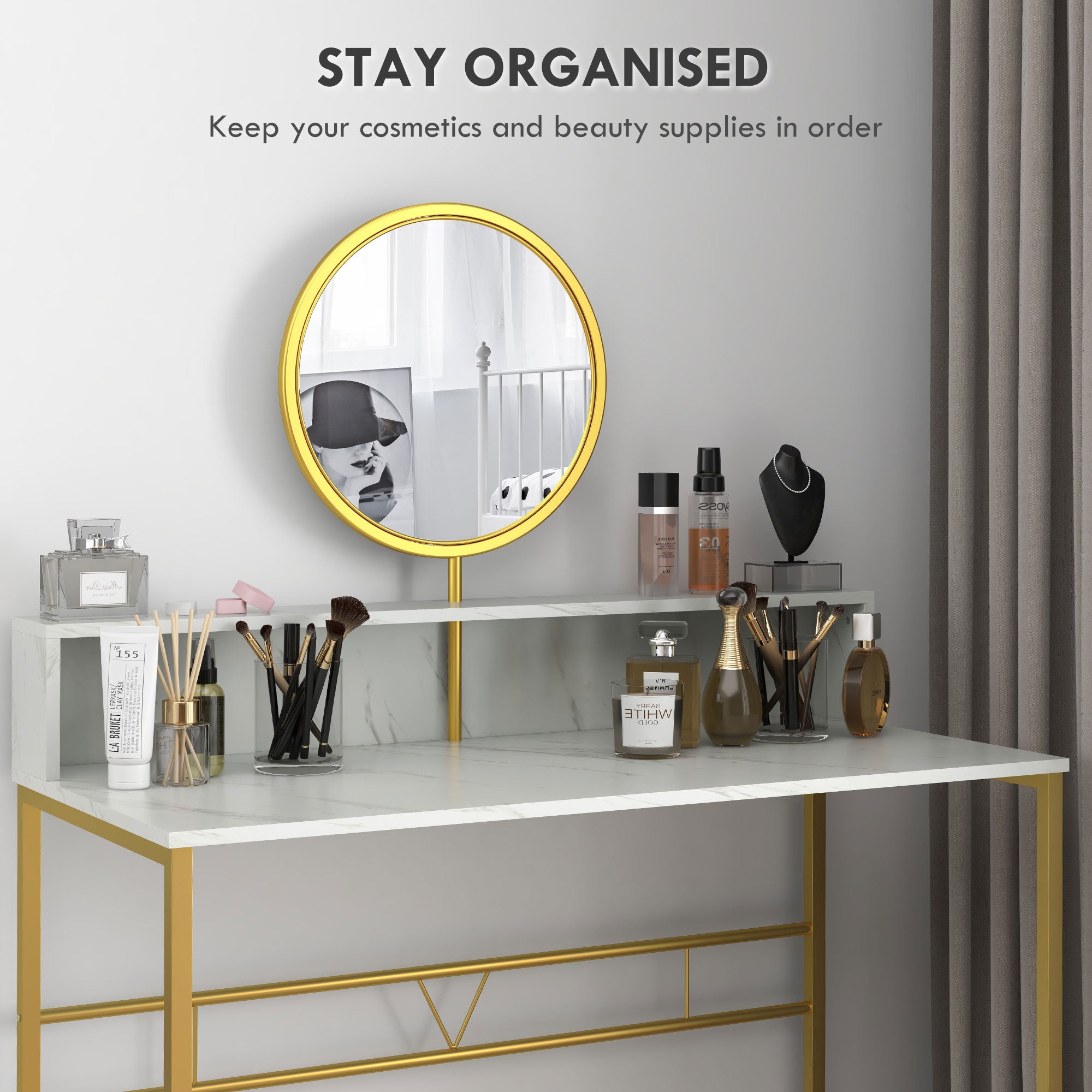 HOMCOM Modern Dressing Table with Round Mirror, Vanity Makeup Desk with Open Storage, Faux Marble Texture and Steel Frame for Bedroom, White - North Peak Garden Furniture