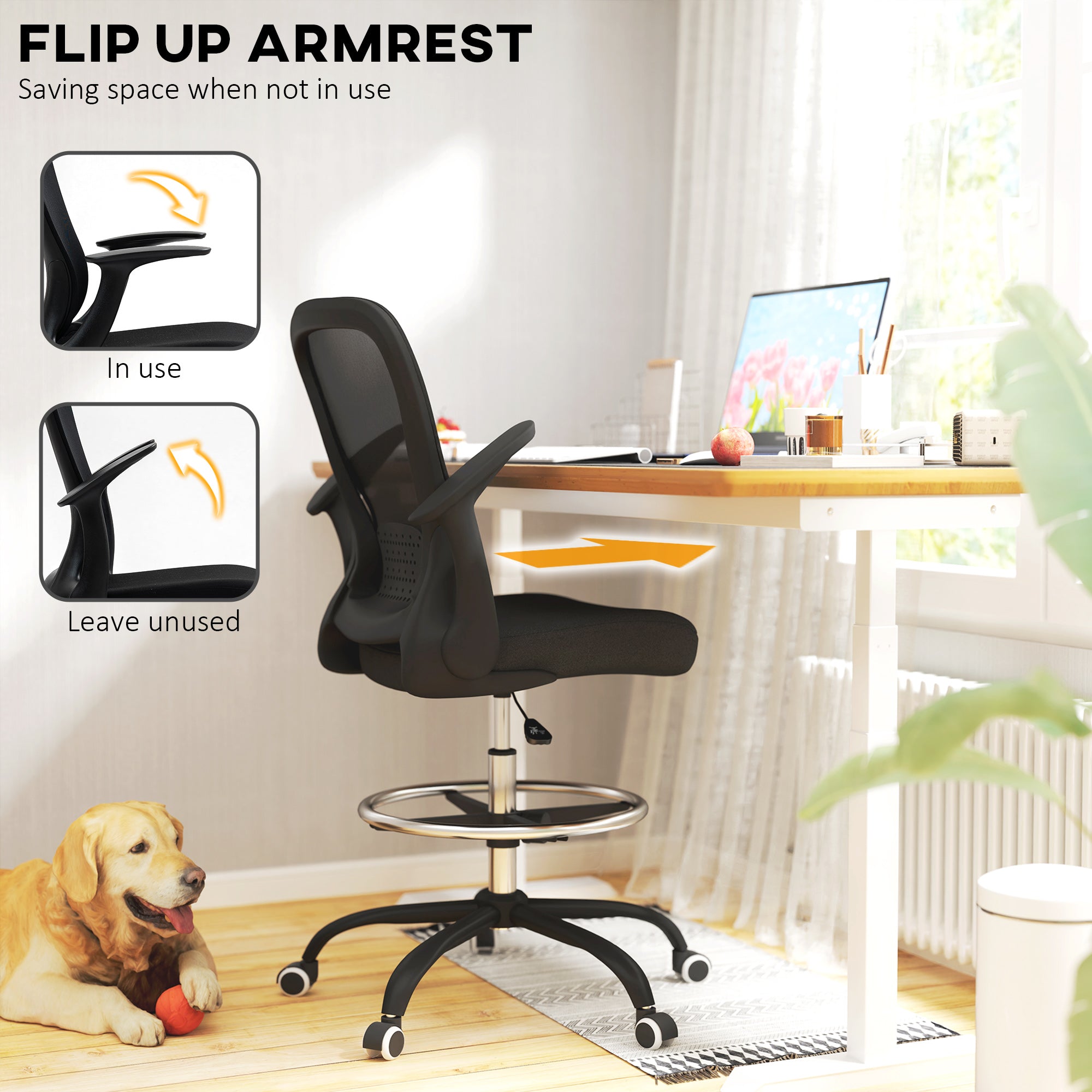 HOMCOM Draughtsman Chair, Mesh Drafting Chair, Ergonomic Office Chair with Flip-up Armrest, Adjustable Foot Ring, Black - North Peak Garden Furniture