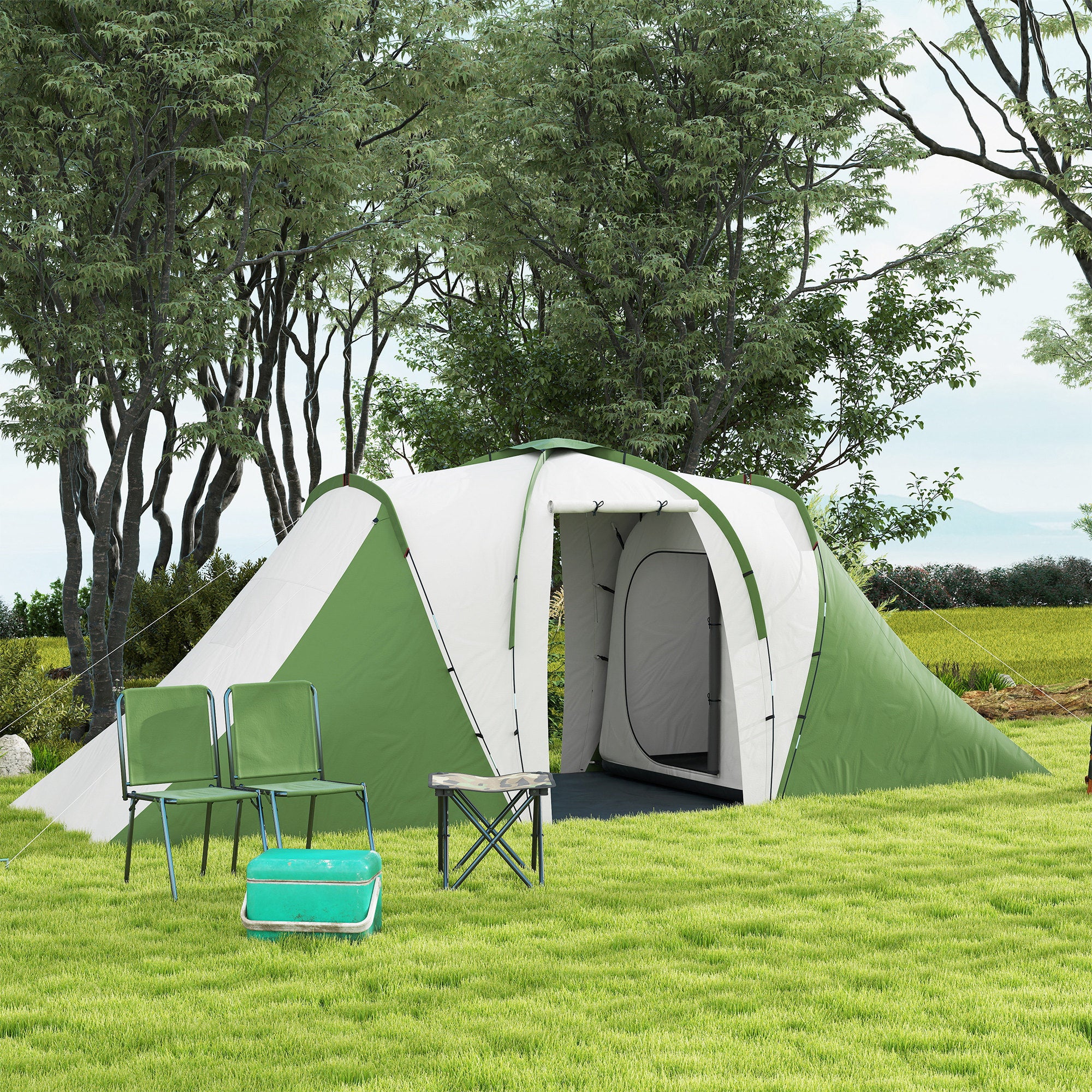 Outsunny Large Camping Tent Tunnel Tent with 2 Bedroom and Living Area, 2000mm Waterproof, Portable with Bag for 4-6 Man, Green - North Peak Garden Furniture