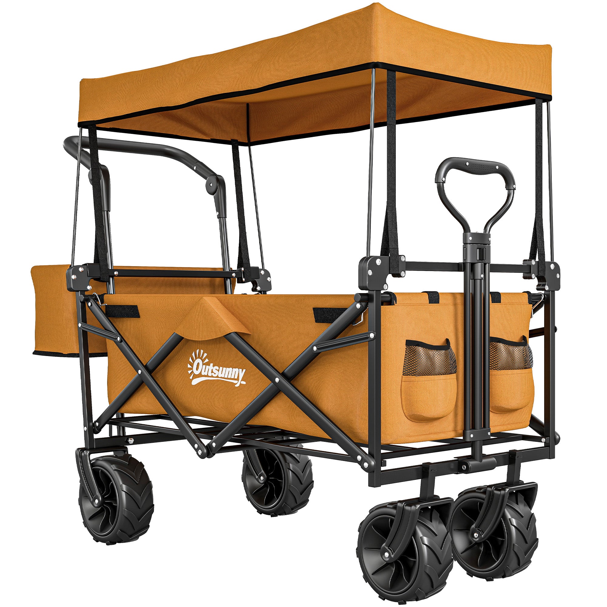 Outsunny Folding Trolley Cart Storage Wagon Beach Trailer 4 Wheels with Handle Overhead Canopy Cart Push Pull For Shopping Camping, Orange
