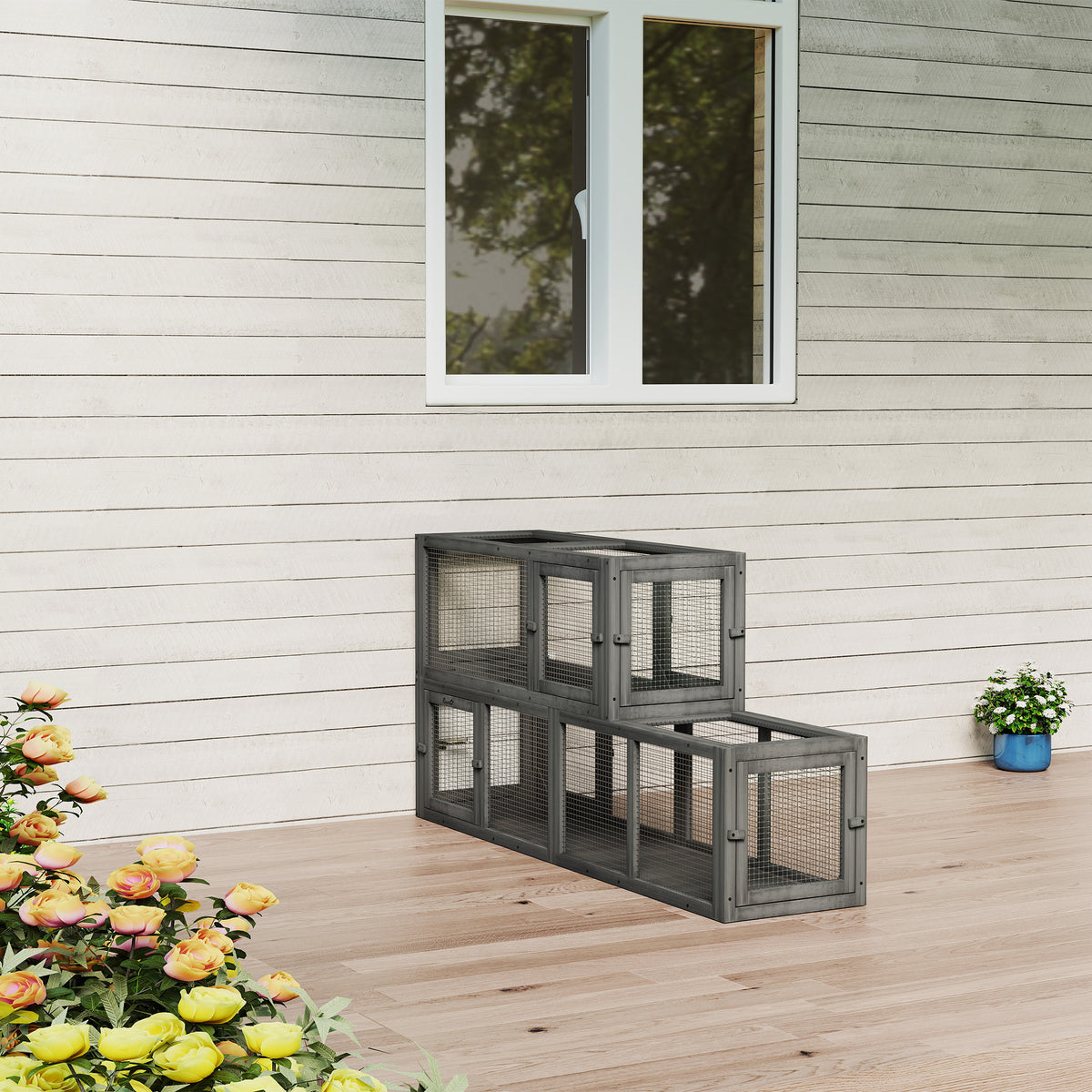 PawHut Cat Tunnel, 250cm Extra Long Wooden Cat Play Tunnel with 8 Doors, L-shape/Rectangle, Outdoor Cat Enclosure, Dark Grey