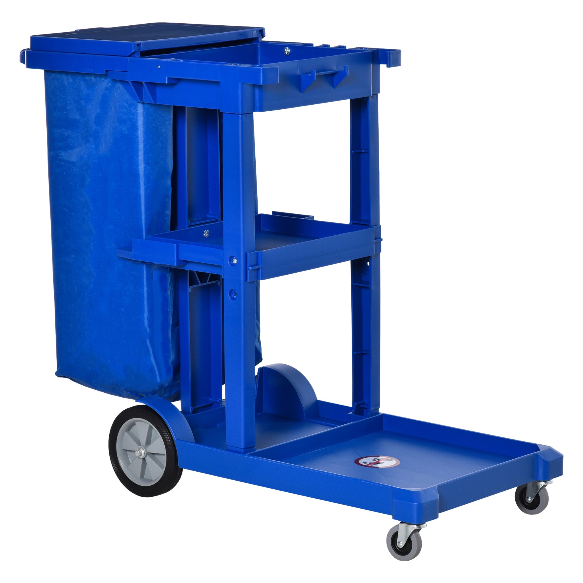 HOMCOM Janitor Cleaning Trolley, with Bin, Shelves and Hooks - Blue - North Peak Garden Furniture