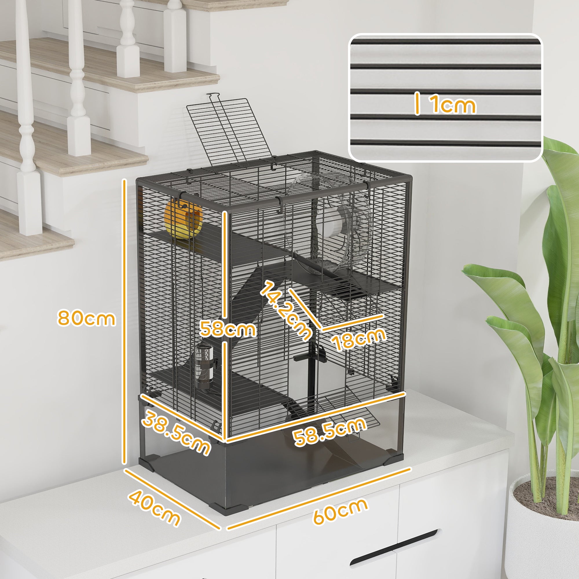 PawHut 4 Tiers Hamster Cage with Deep Tempered Glass Bottom, Hut, Running Wheel, Food Dish, Water Bottle, 60 x 40 x 80cm - North Peak Garden Furniture