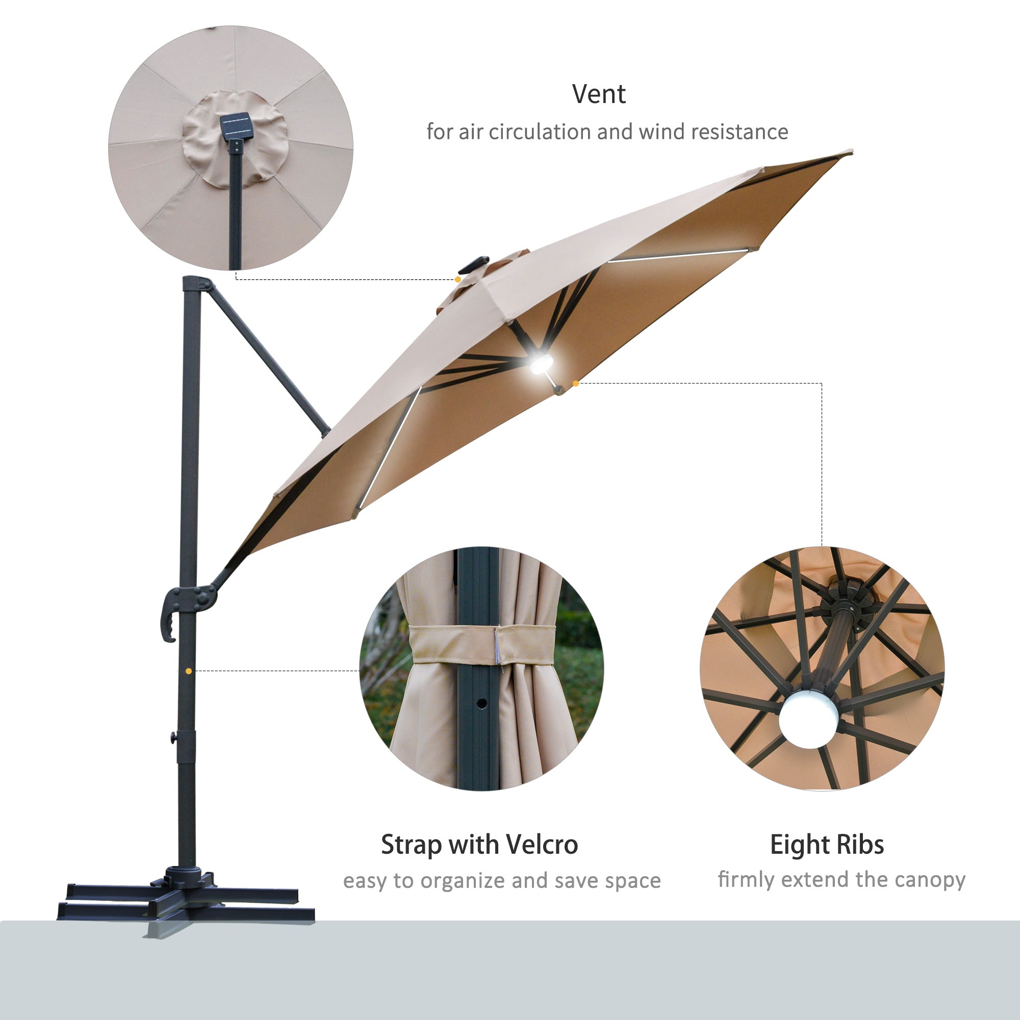 Outsunny 3(m) LED Cantilever Parasol Outdoor Sun Umbrella w/ Base Solar Lights Brown - North Peak Garden Furniture