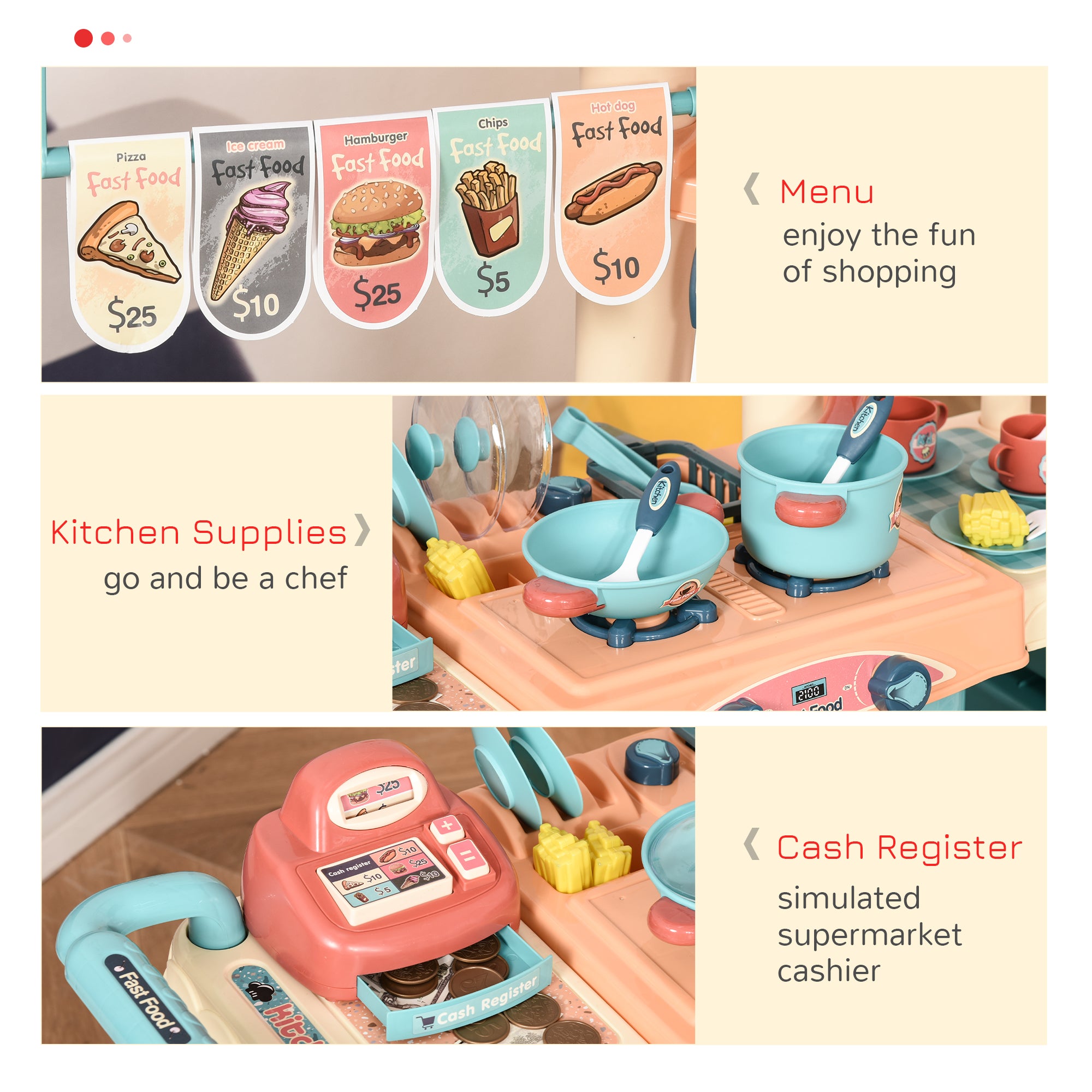 HOMCOM 50 Pcs Kids Kitchen Play set Fast Food Trolley Cart Pretend Playset Toys with Play Food Cashier Register Accessories Gift for Boys Girls Age 3-6 - North Peak Garden Furniture