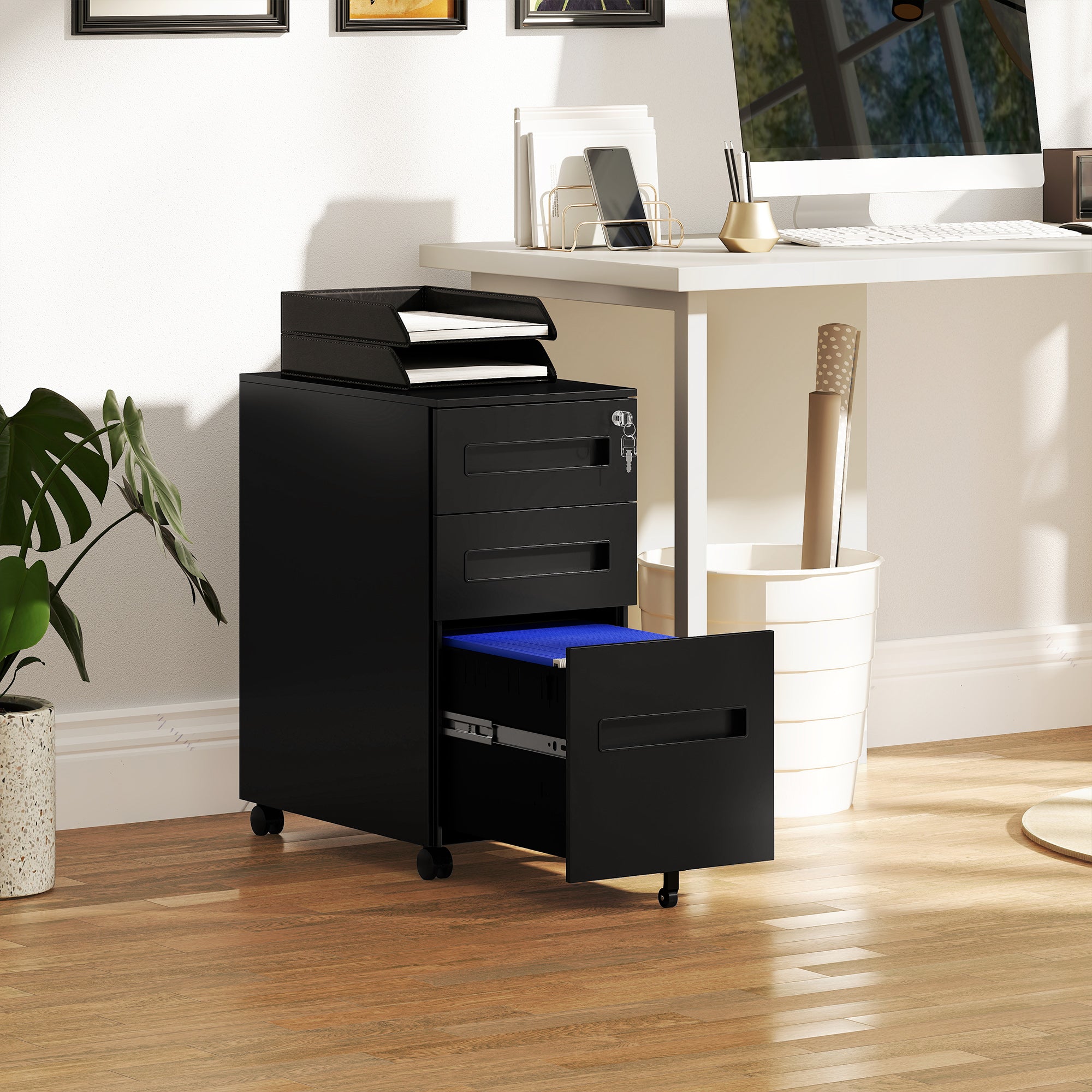 Vinsetto Metal Mobile File Cabinet with Wheels, Lockable 3 Drawer Filing Cabinet for A4, Legal, Letter, Compact Under Desk Storage Unit with Pre-Assembled Body for Home Office, 30 x 43.5 x 60cm, Black - North Peak Garden Furniture
