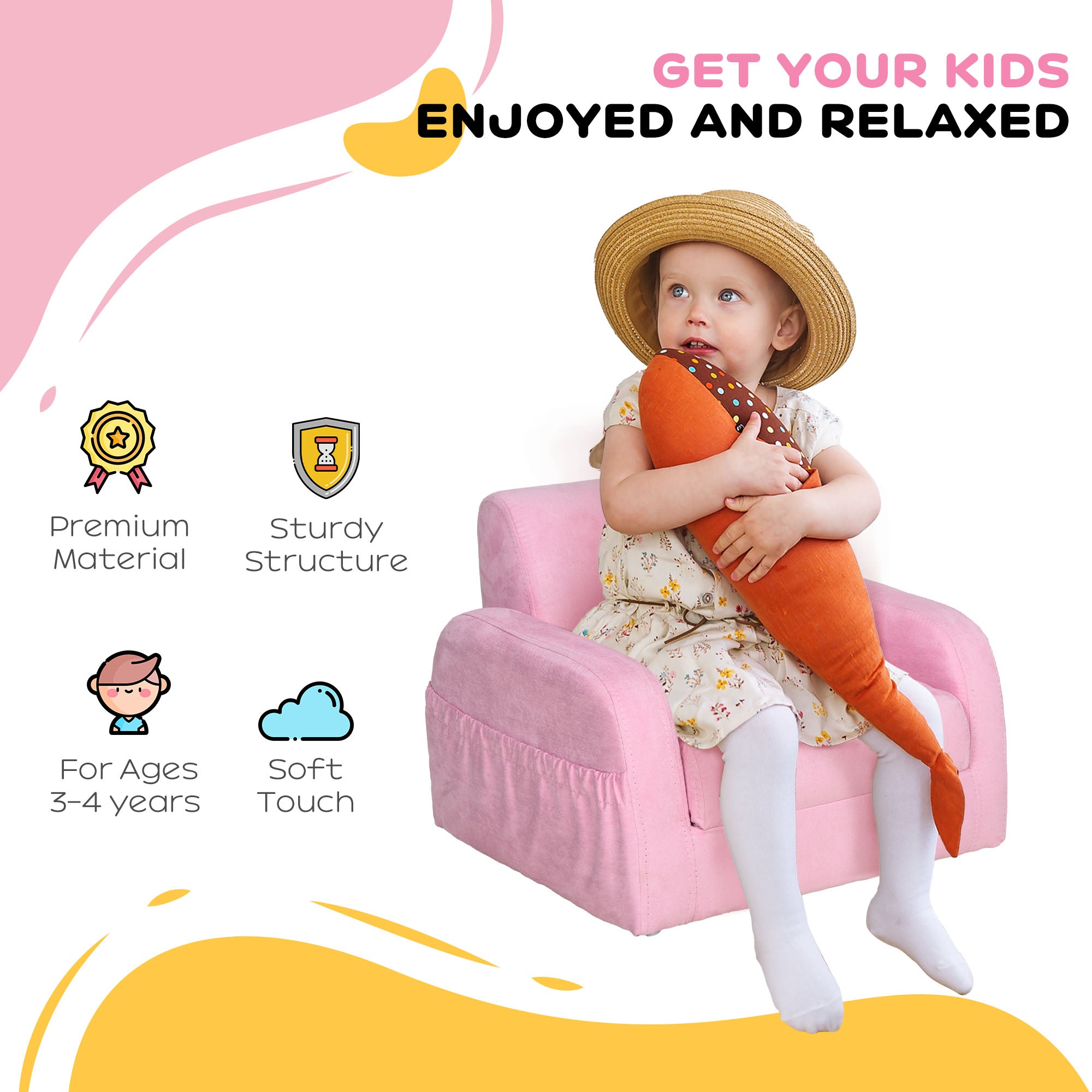 HOMCOM 2-in-1 Kids Armchair, Toddler Sofa Bed, with Wood Frame, for Bedroom, Playroom - Pink - North Peak Garden Furniture