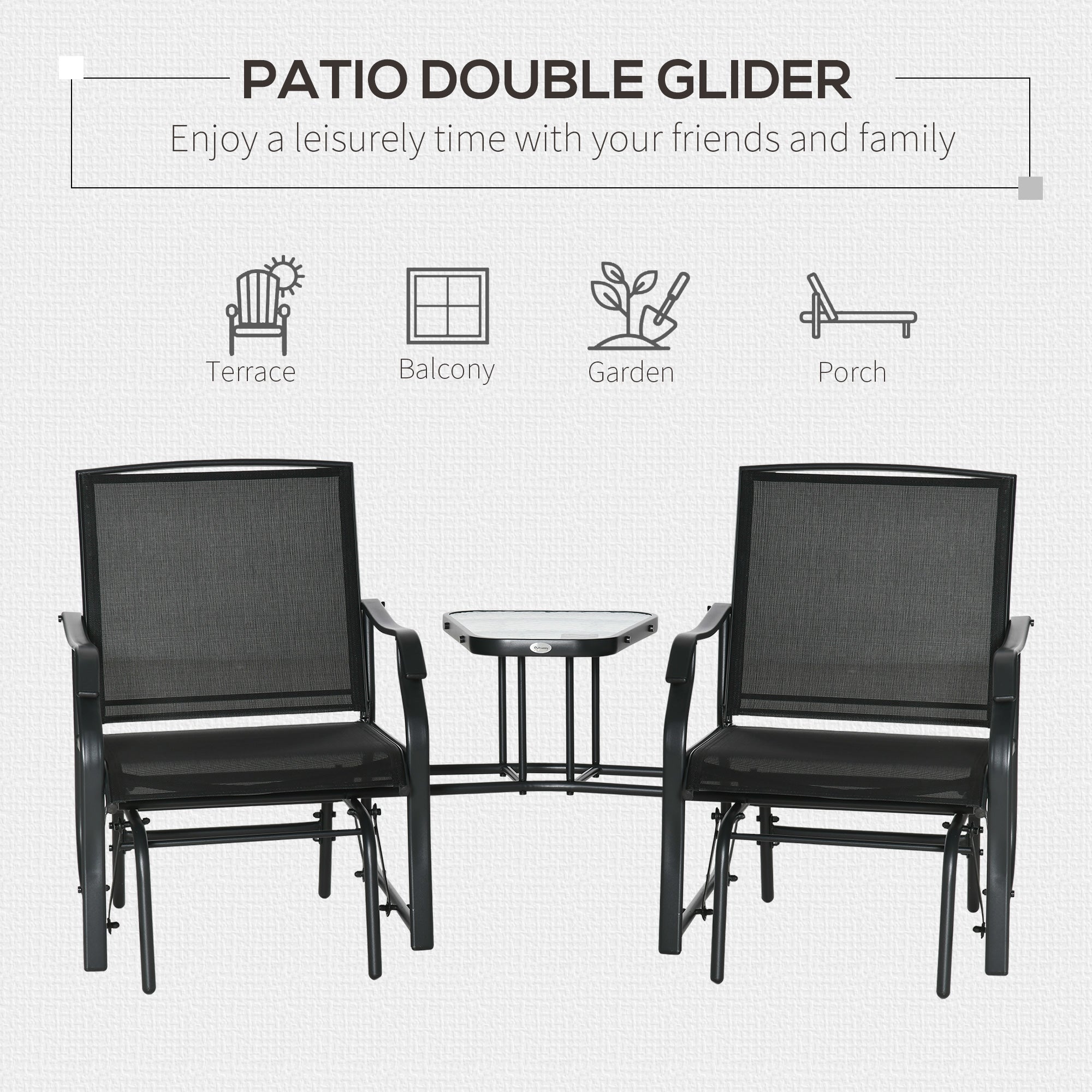 Outsunny Gliding Jack and Jill Seat, with Glass-Top Table - Black - North Peak Garden Furniture