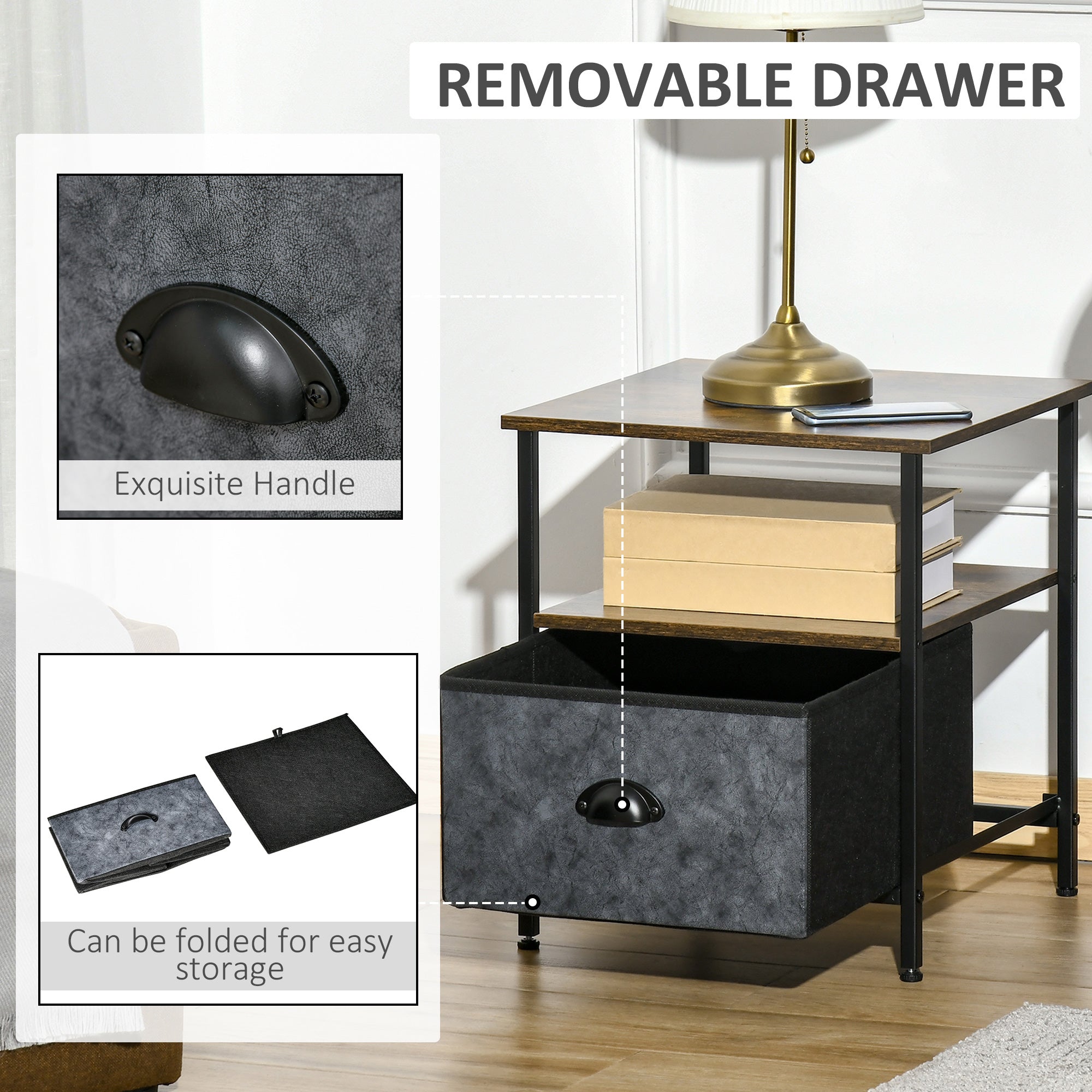HOMCOM Set of 2 Bedside Table, Nightstand with Non-Woven Fabric Drawer, Side Table, End Table for Living room, Bedroom, Rustic Brown - North Peak Garden Furniture
