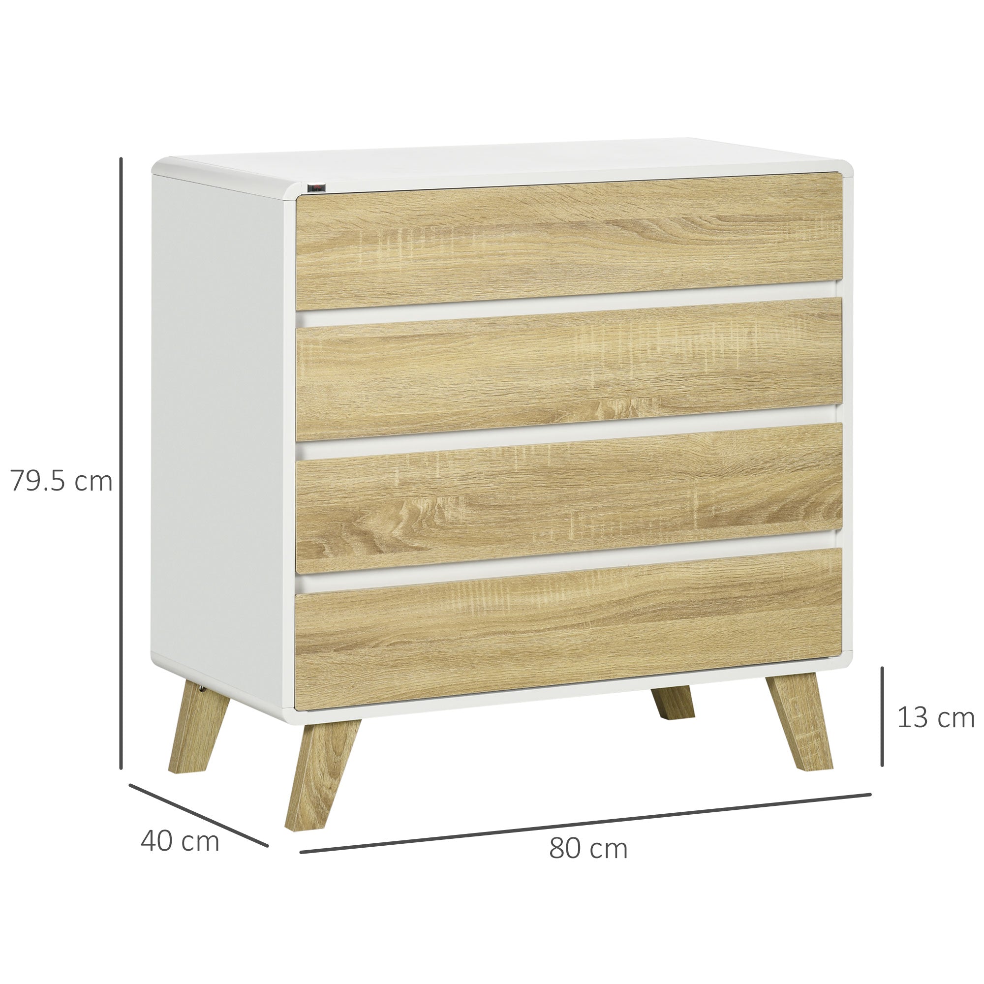 HOMCOM Drawer Chest, 4-Drawer Storage Organiser for Bedroom, Living Room, 80cmx40cmx79.5cm, White and Natural - North Peak Garden Furniture