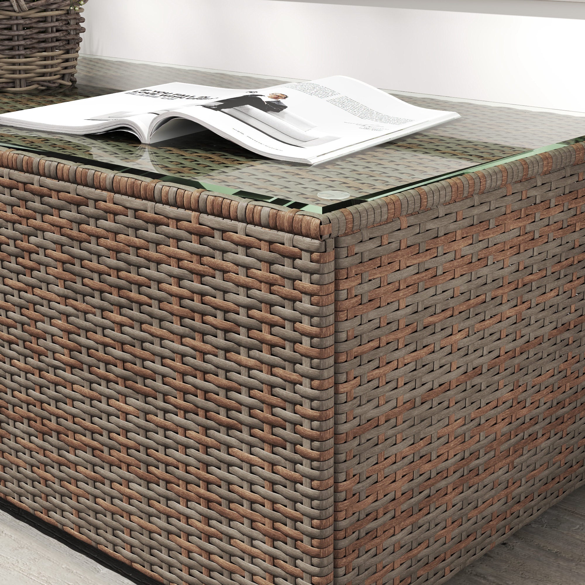 Outsunny 90 x 50cm Glass-Top Rattan Side Table - Brown - North Peak Garden Furniture