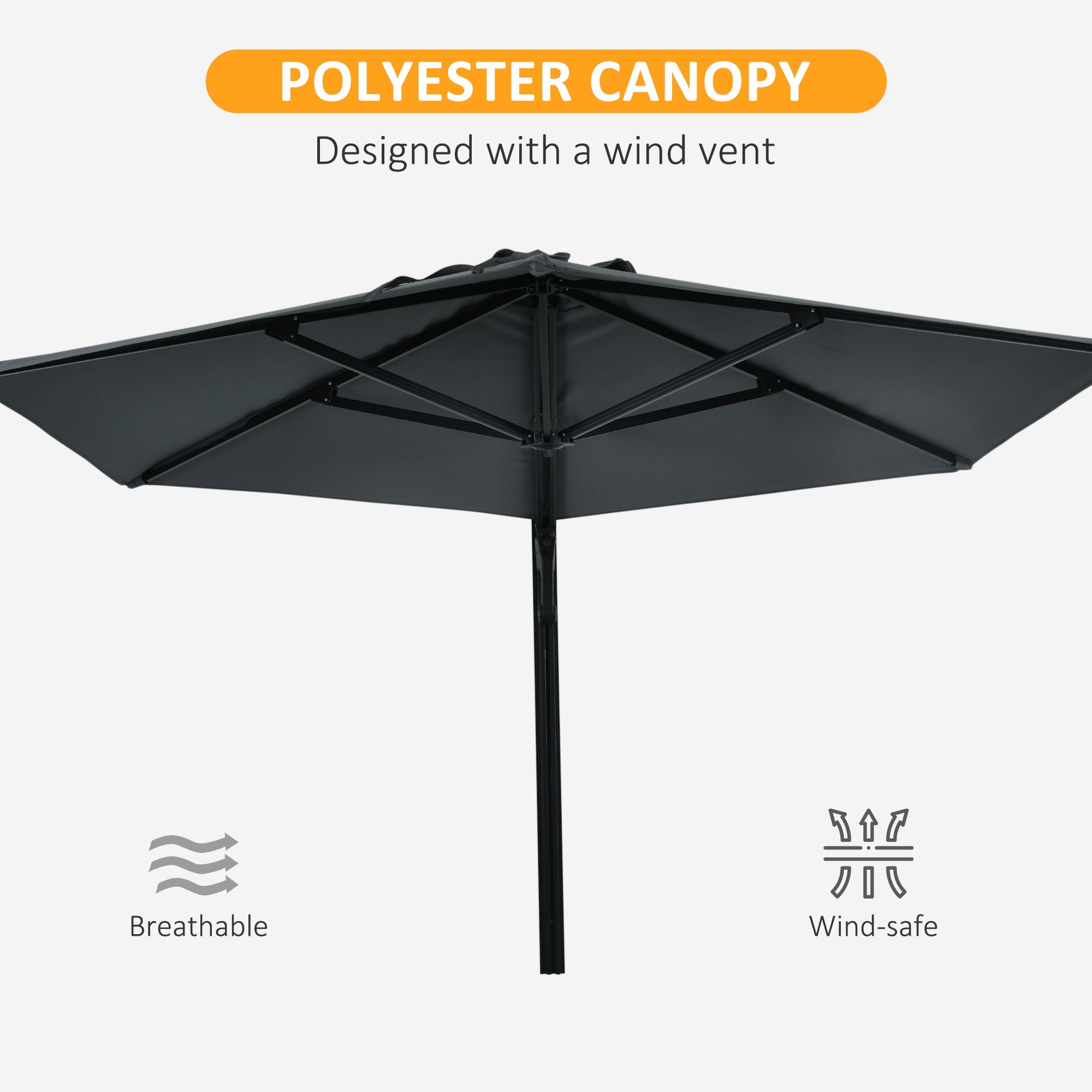 Outsunny 2.5m Wall Mounted Parasol, Hand to Push Outdoor Patio Umbrella with 180 Degree Rotatable Canopy for Porch, Deck, Garden, 250 cm, Dark Grey