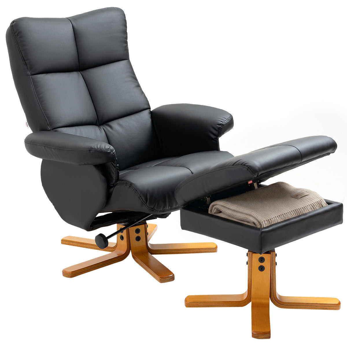 HOMCOM PU Leather Swivel Recliner Chair with Footstool, Wooden Base and Storage for Living Room, Black