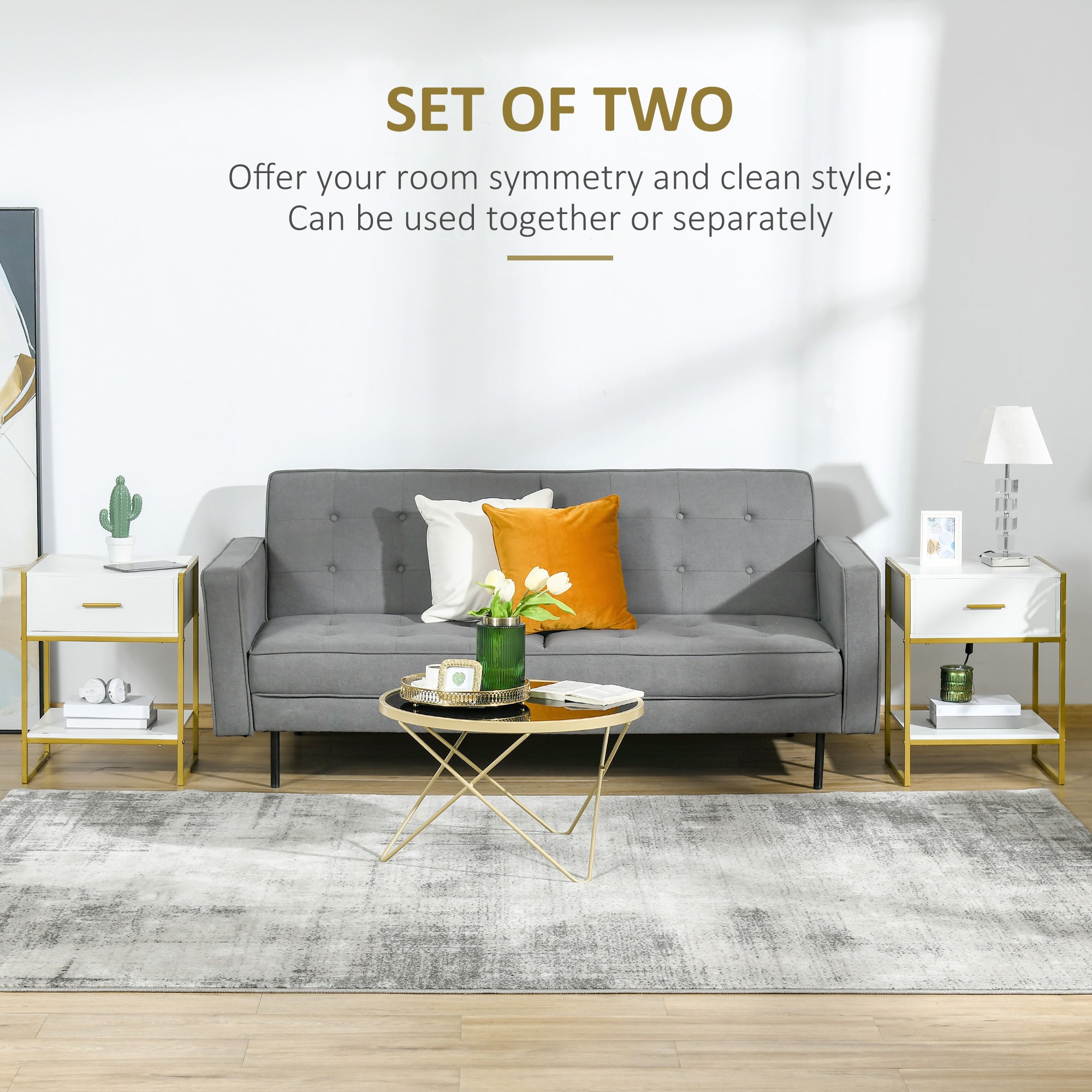 HOMCOM Set of Two Elegant Bedside Tables - White/Gold-Tone - North Peak Garden Furniture