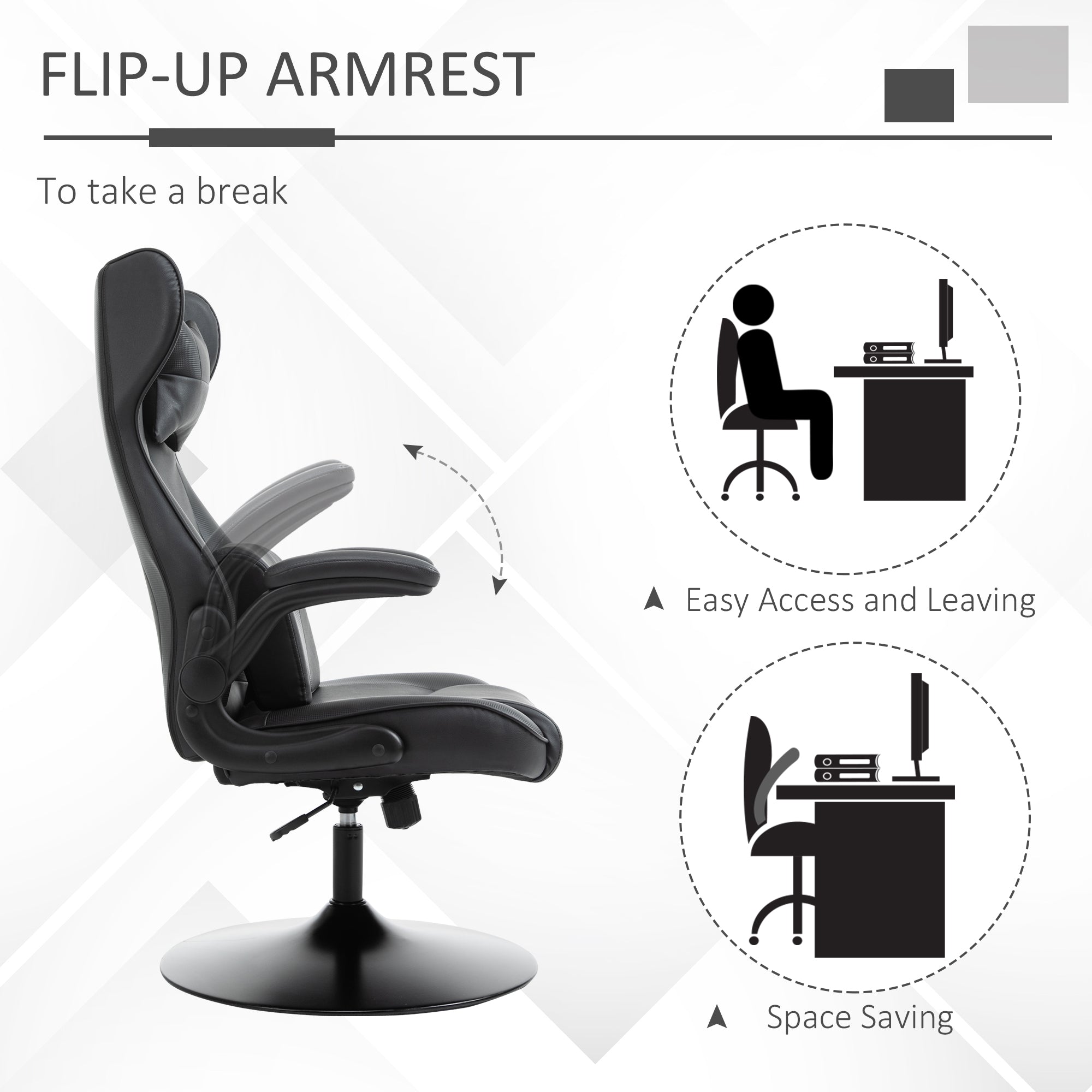 Vinsetto Video Game Chair with Lumbar Support, Racing Style Home Office Chair, Computer Chair with Swivel Base, Flip-up Armrest and Headrest, Black - North Peak Garden Furniture