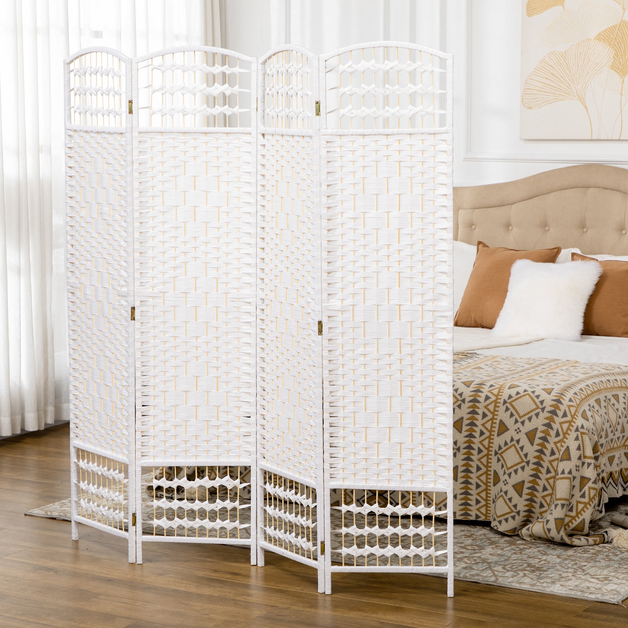 HOMCOM 4 Panel Folding Room Divider, Privacy Screen, Freestanding Paravent Partition Separator for Living Room, Bedroom and Office, 160 x 170cm, White - North Peak Garden Furniture