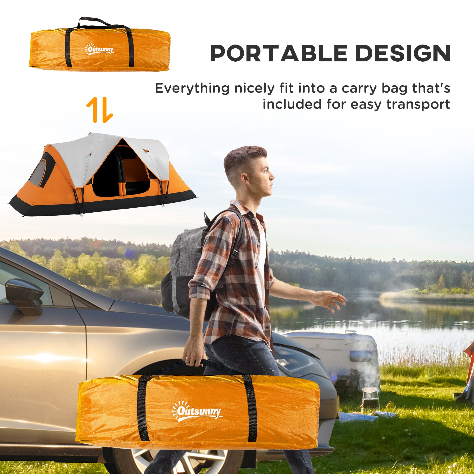 Outsunny Six-Man Tent, with Two Rooms, Small Rainfly and Accessories - Orange - North Peak Garden Furniture
