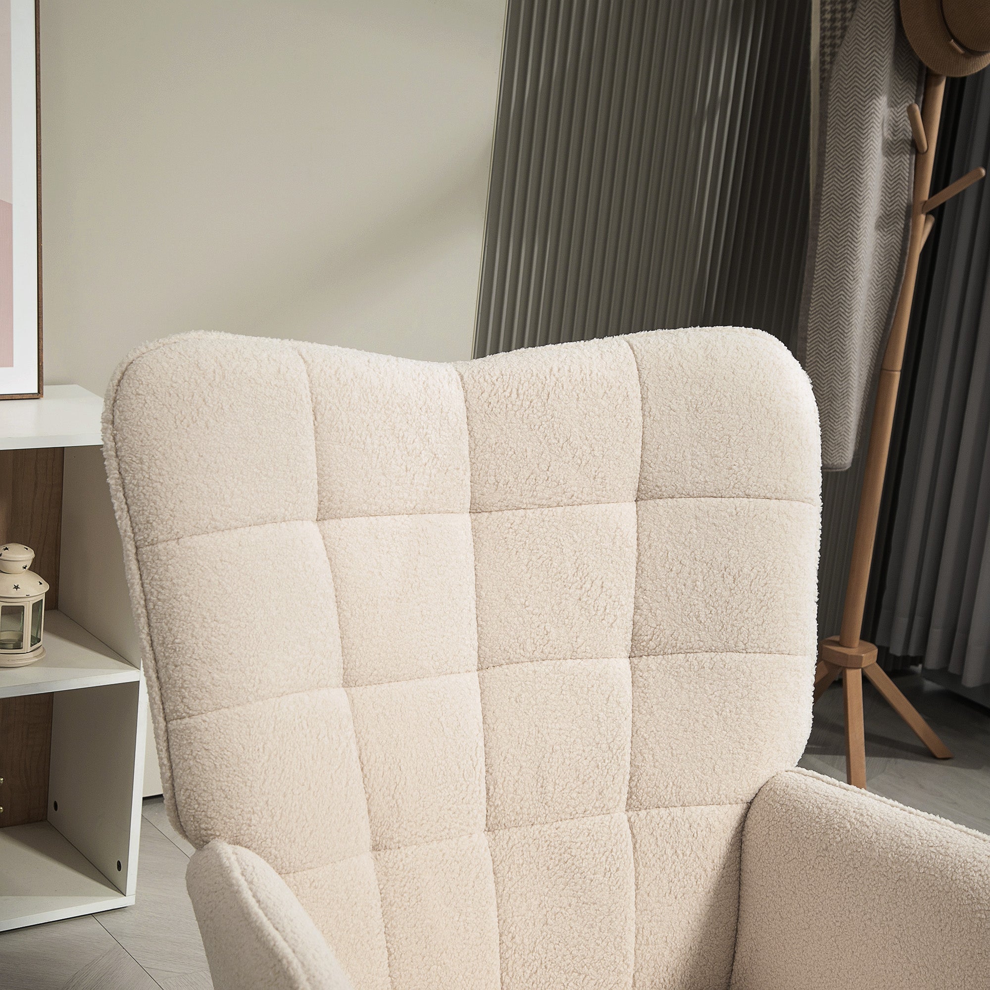 HOMCOM Modern Accent Chair, Upholstered Tufted Wingback Armchair with Seat Padding, Teddy Fleece Leisure Lounge Bedroom Chair with Wood Legs, Cream White - North Peak Garden Furniture