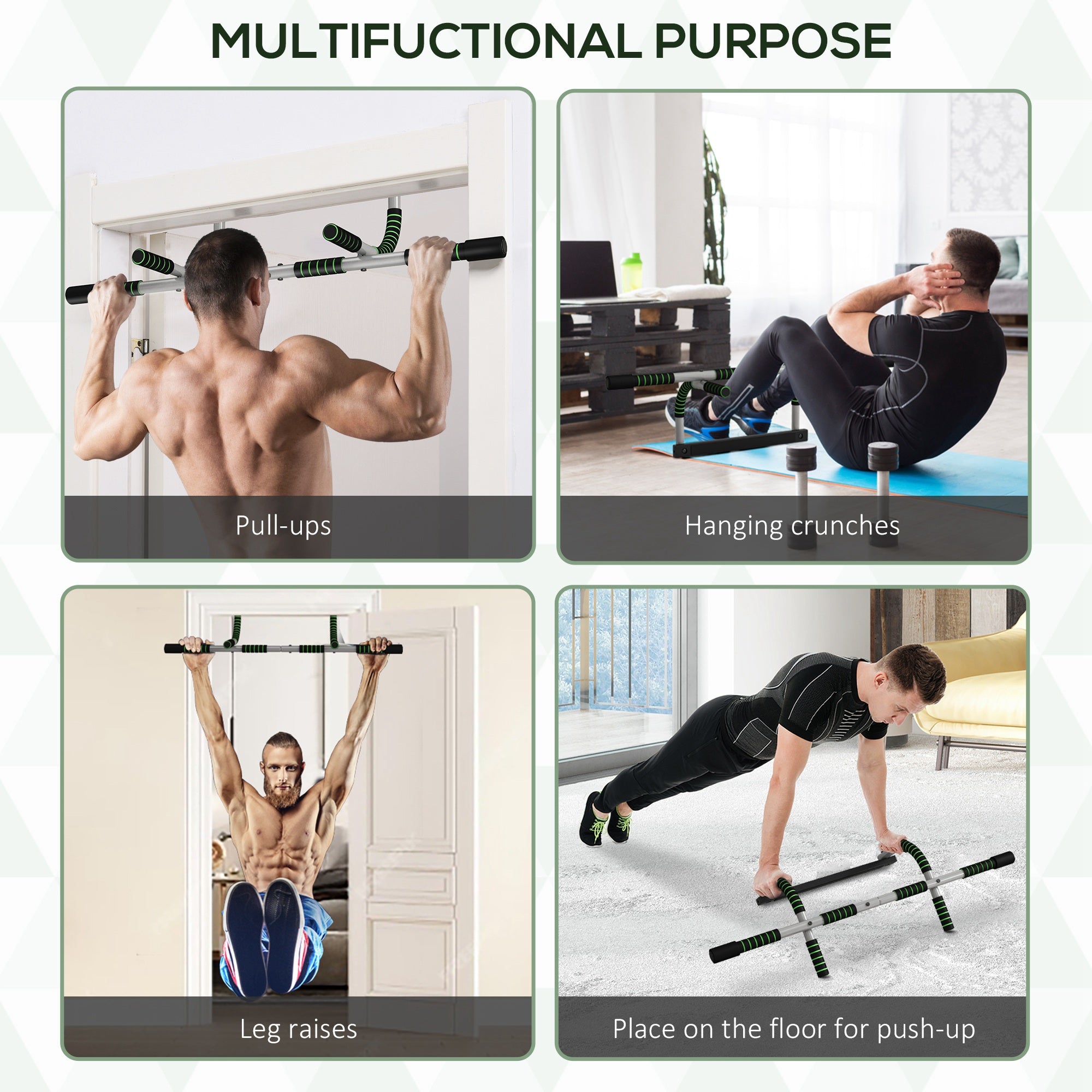 HOMCOM Pull-Up Bar for Doorway, Home Fitness Door Horizontal Bar Push up Bar for Indoor Gym Upper Body Workout, Green - North Peak Garden Furniture