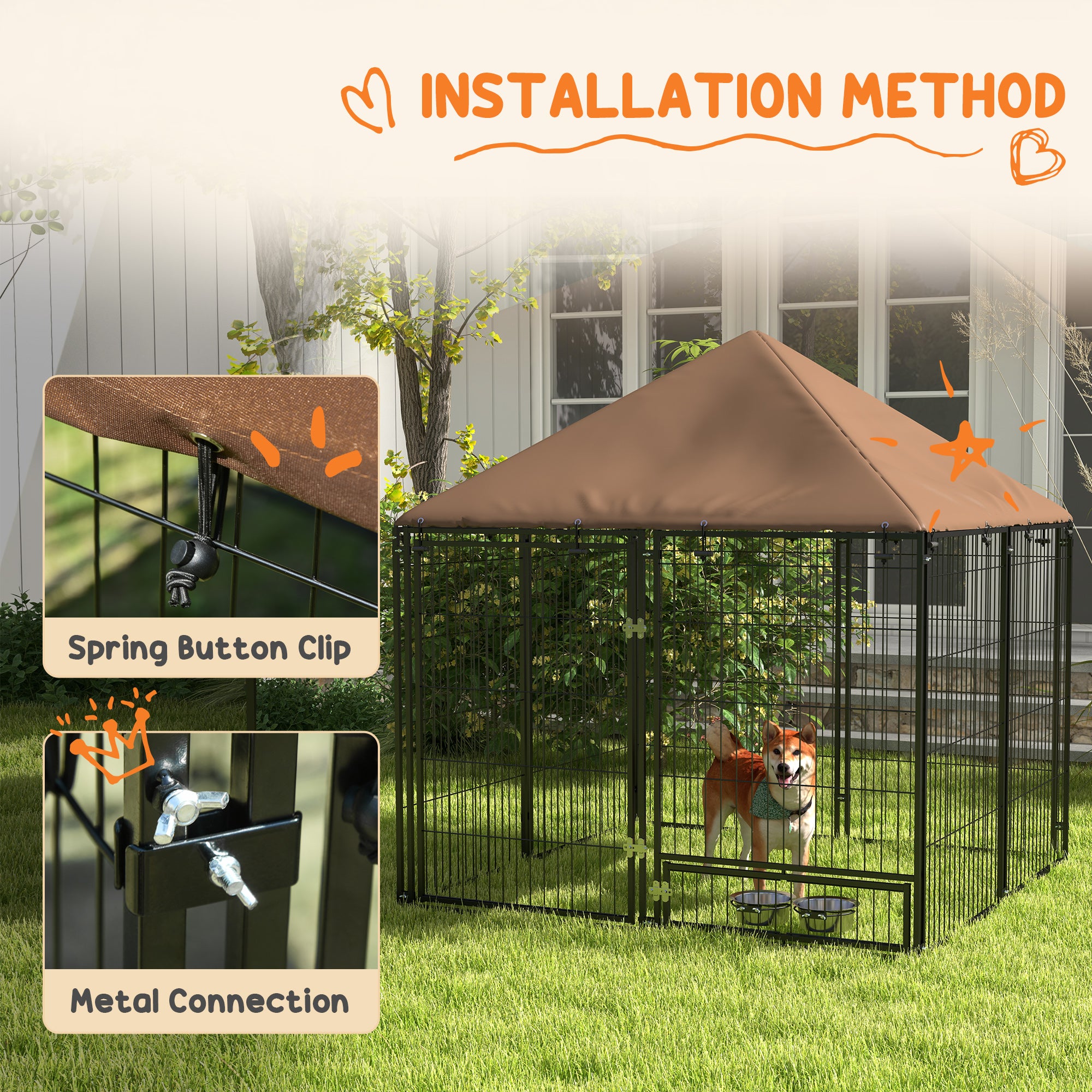 PawHut Outdoor Dog Kennel Puppy Play Pen with Canopy Garden Playpen Fence Crate Enclosure Cage Rotating Bowl 141 x 141 x 151 cm | Aosom UK