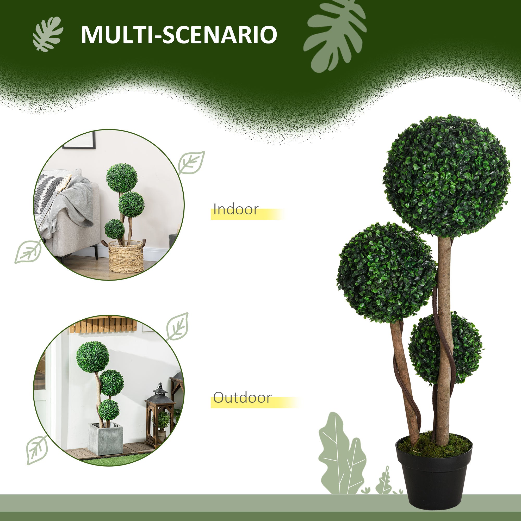 HOMCOM Decorative Artificial Plant Boxwood Ball Topiary Tree in Pot Fake Plant for Home Indoor Outdoor Decor, 90 cm, Dark Green - North Peak Garden Furniture